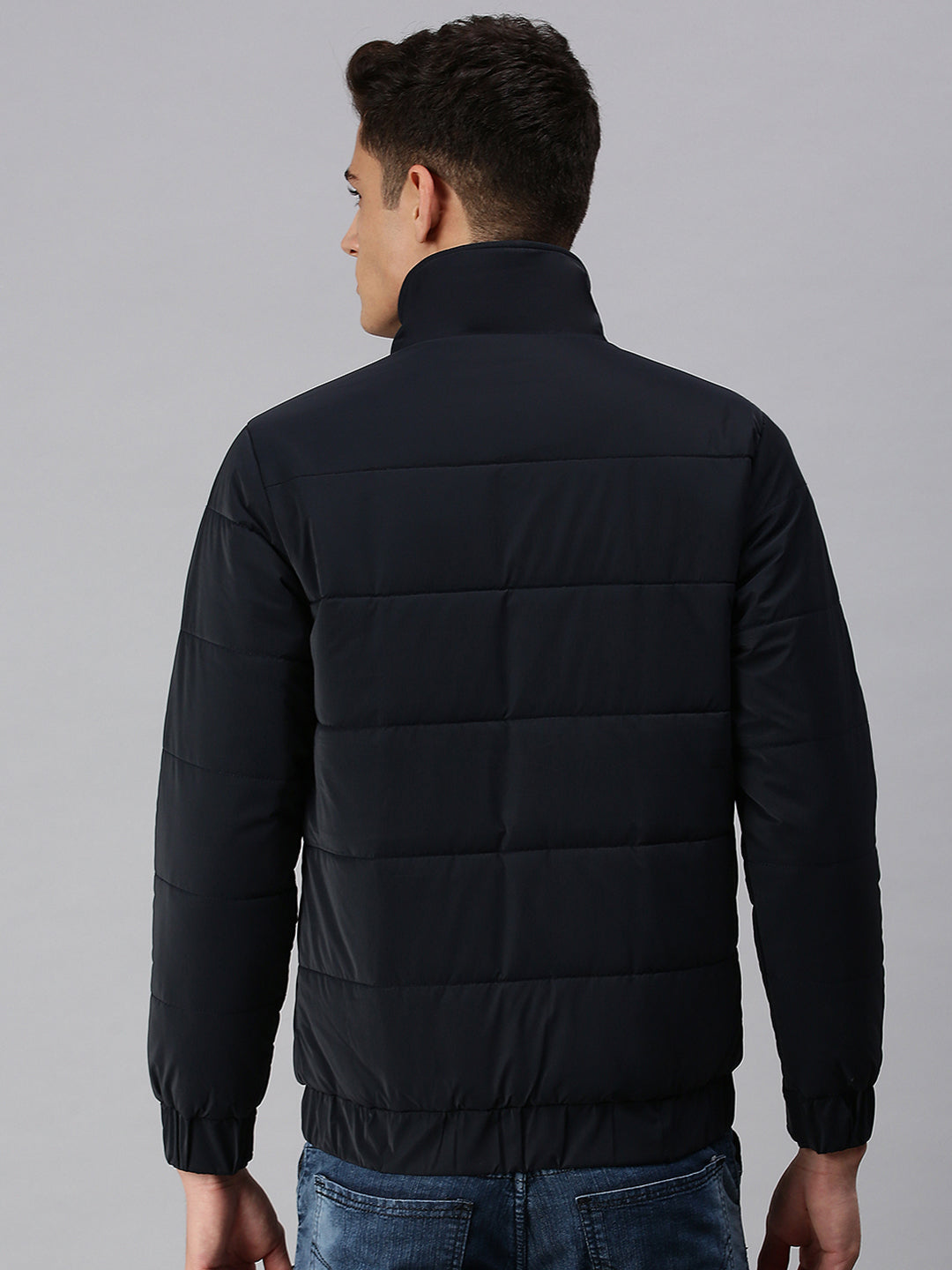 Men Solid Black Padded Jacket