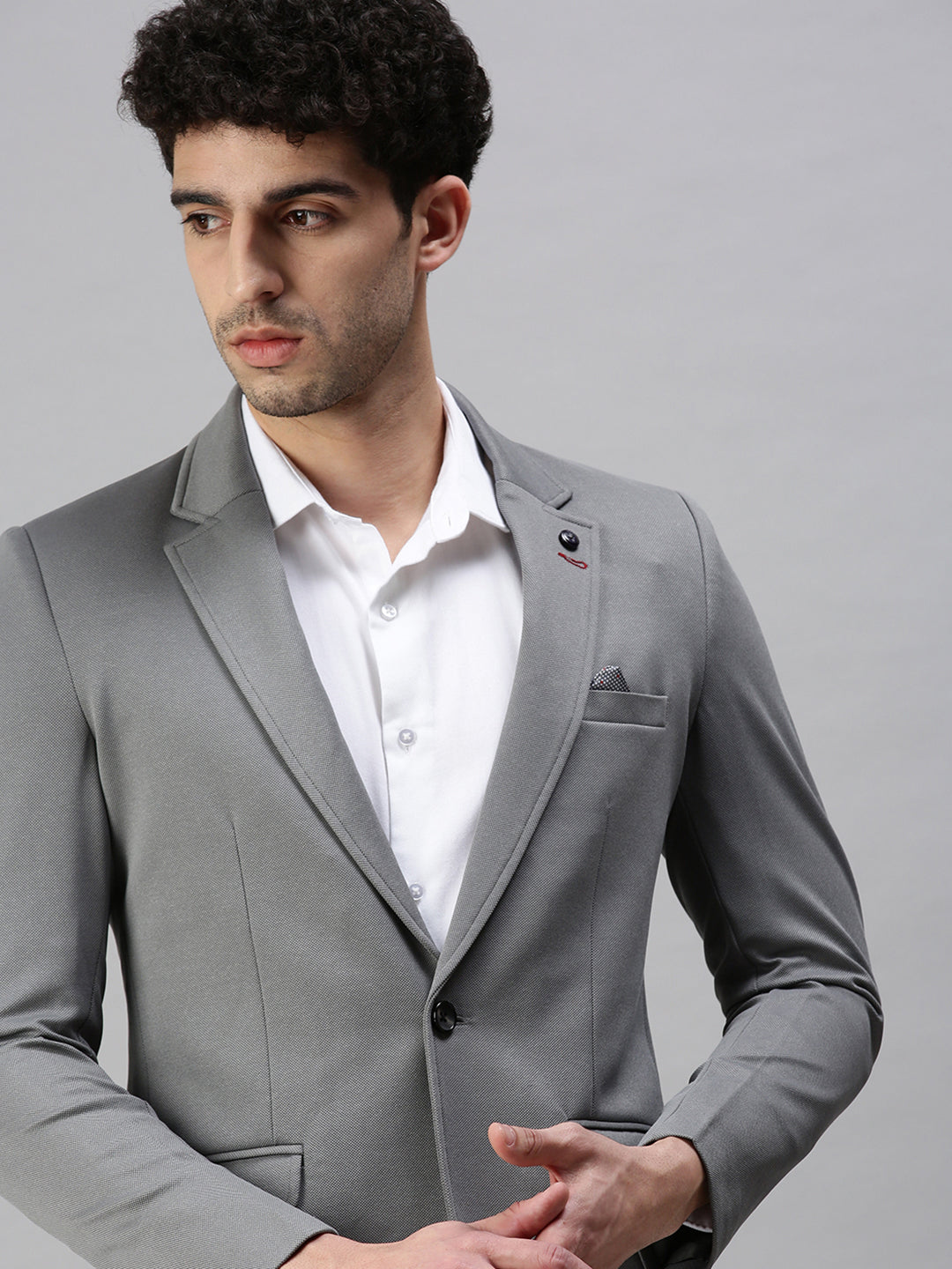 Men's Solid Grey Single Breasted Blazer