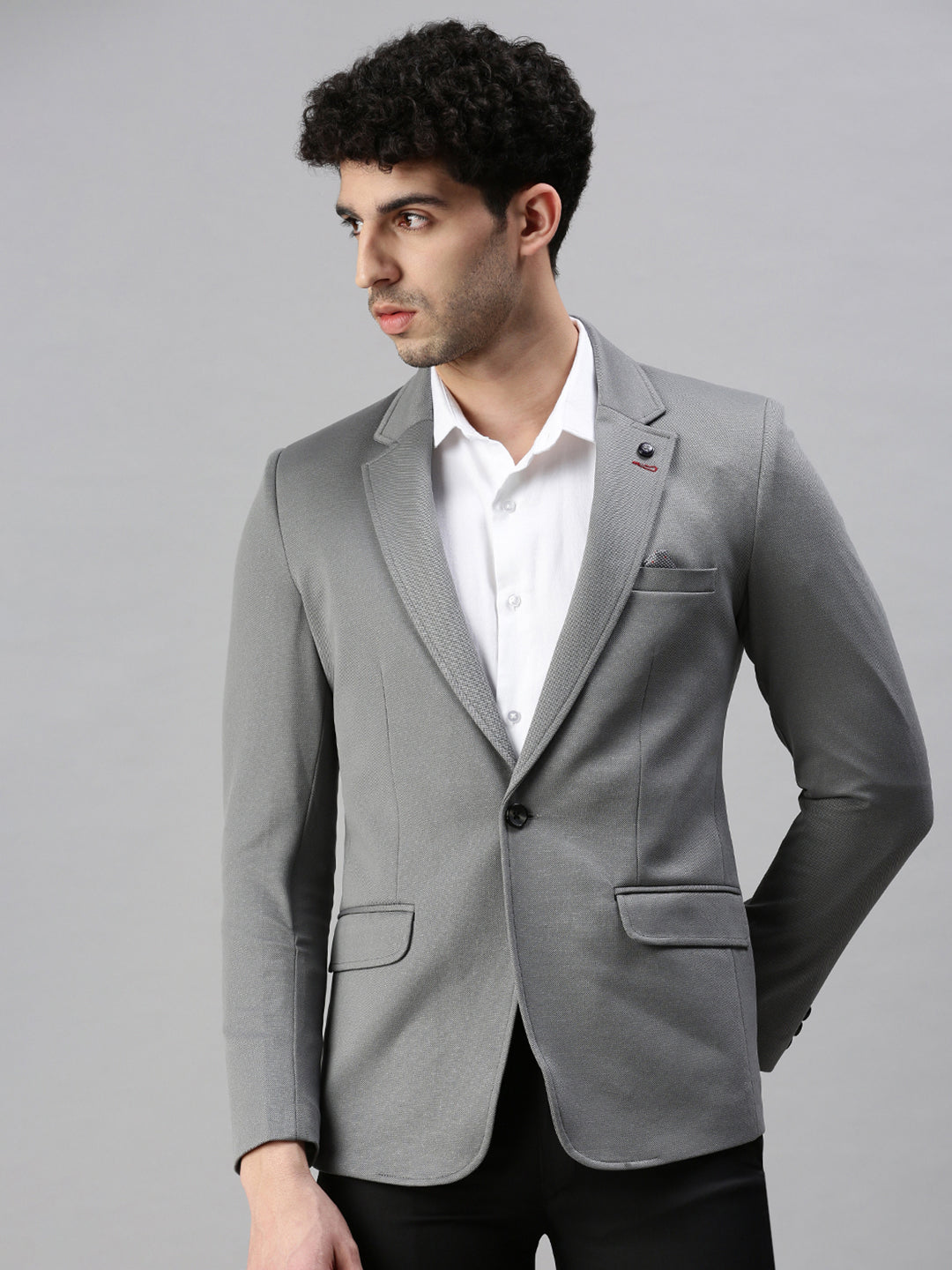 Men's Solid Grey Single Breasted Blazer