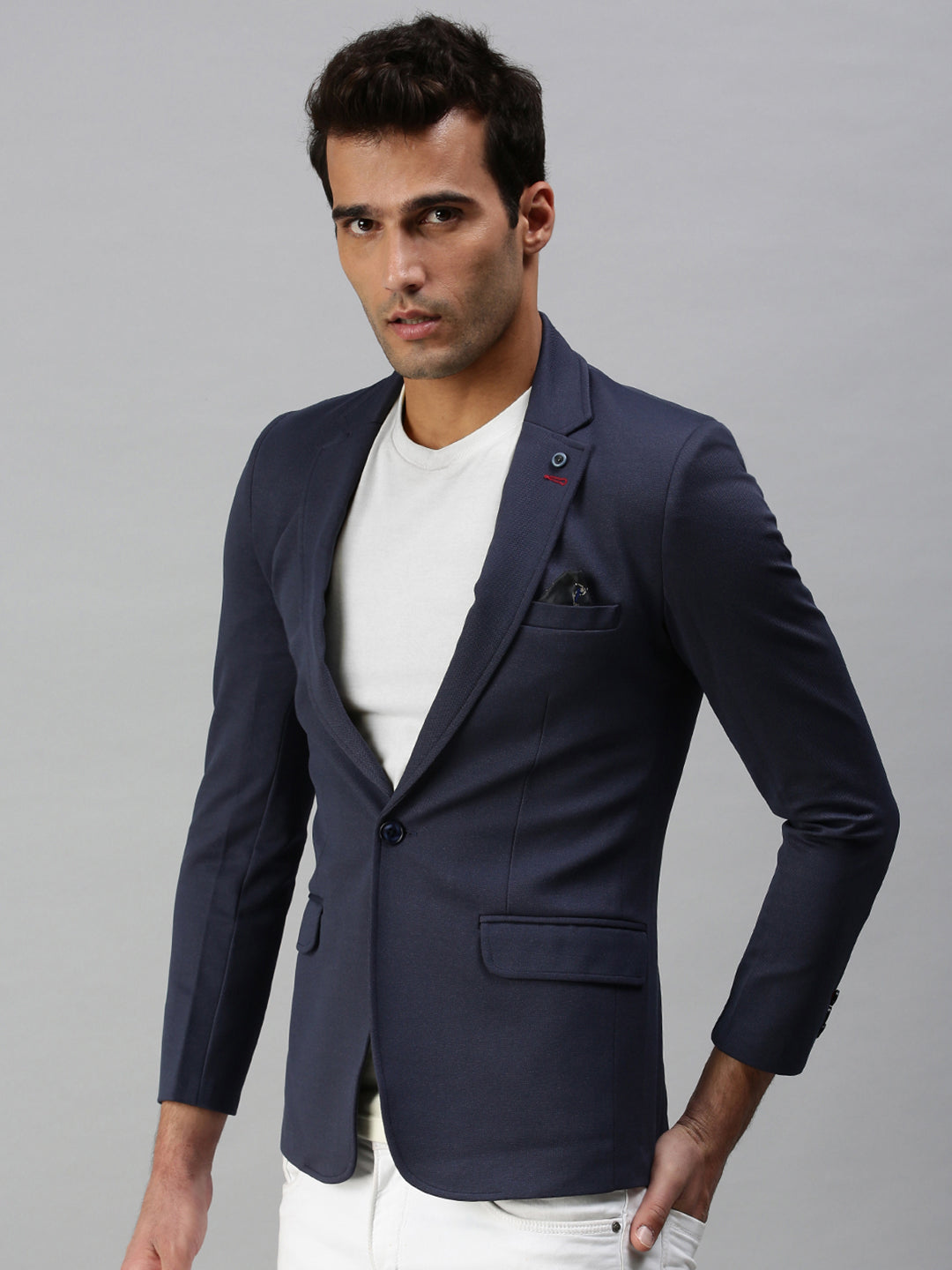 Men's Solid Navy Blue Single Breasted Blazer