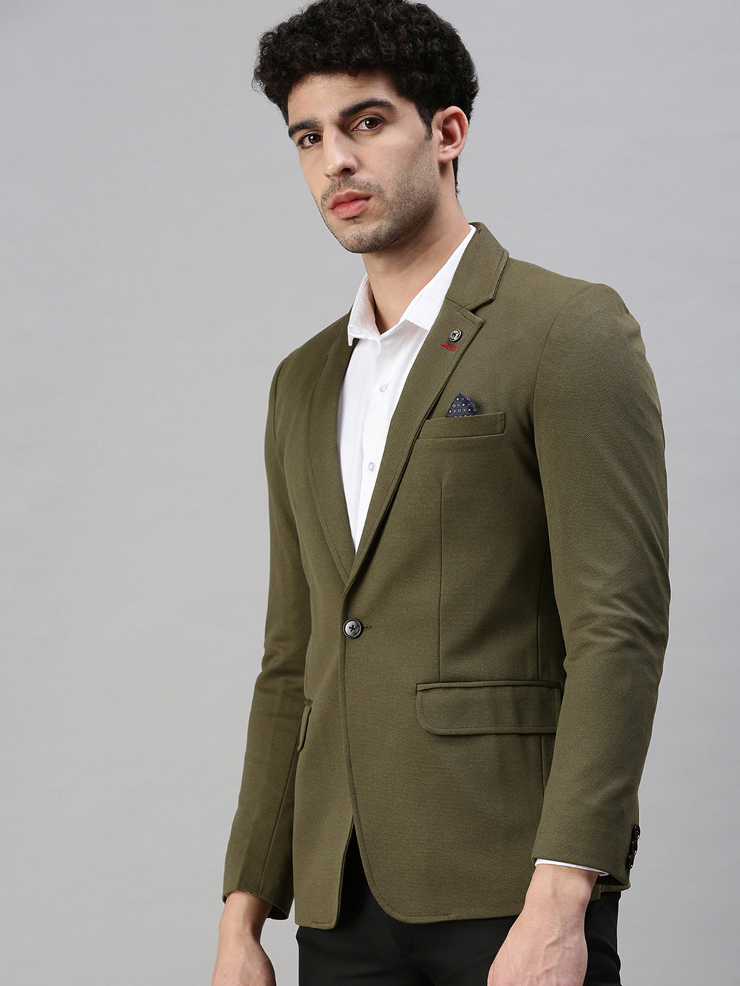 Men's Solid Olive Single Breasted Blazer