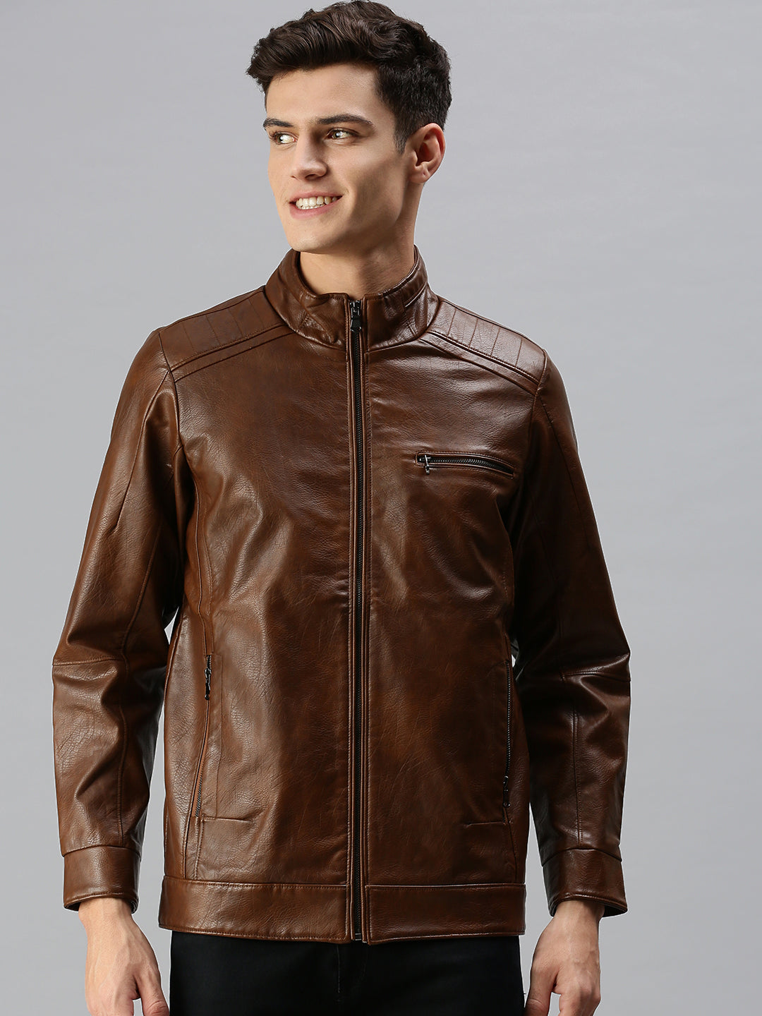 Men Solid Brown Leather Jacket