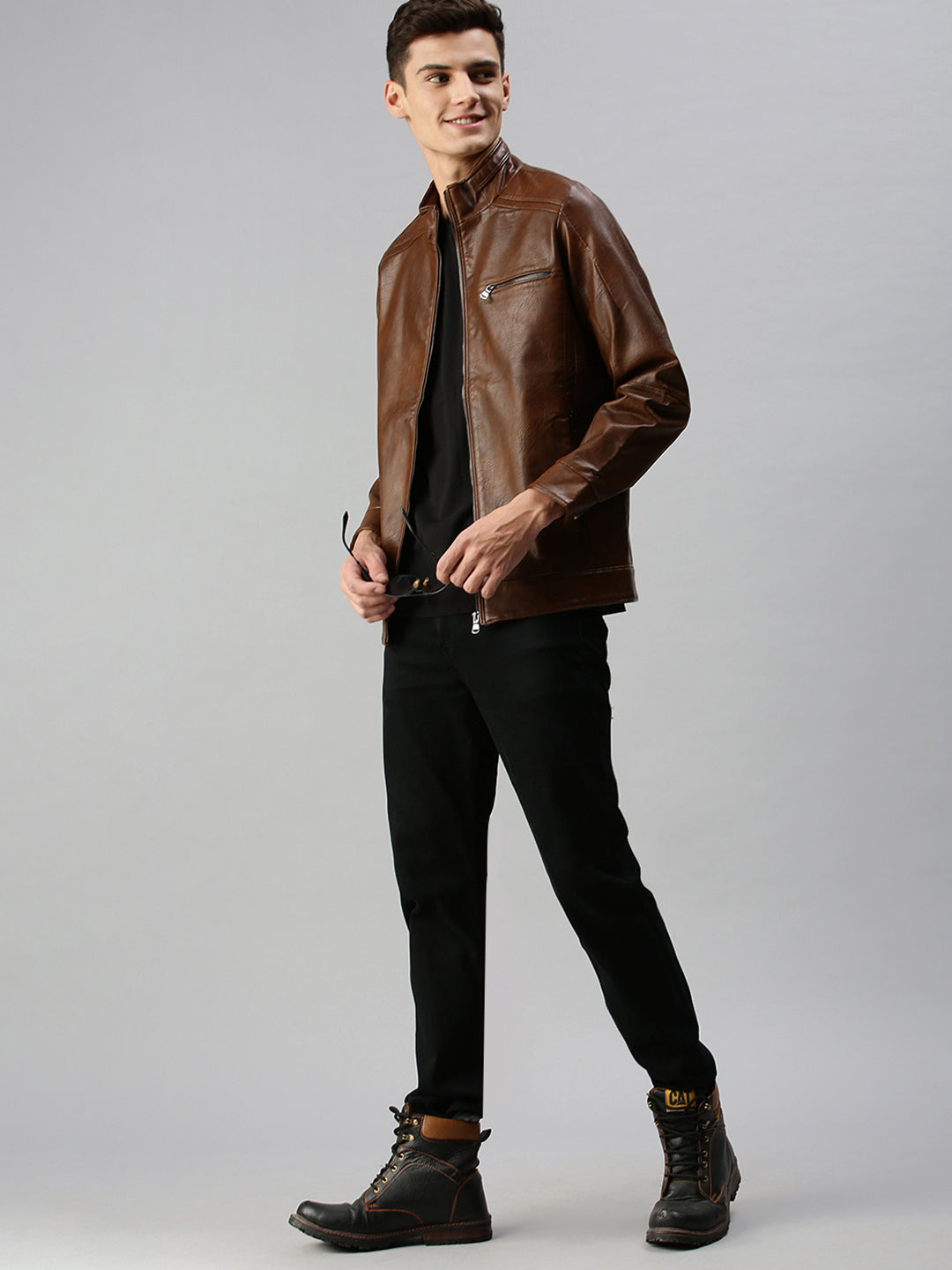 Men Solid Brown Leather Jacket