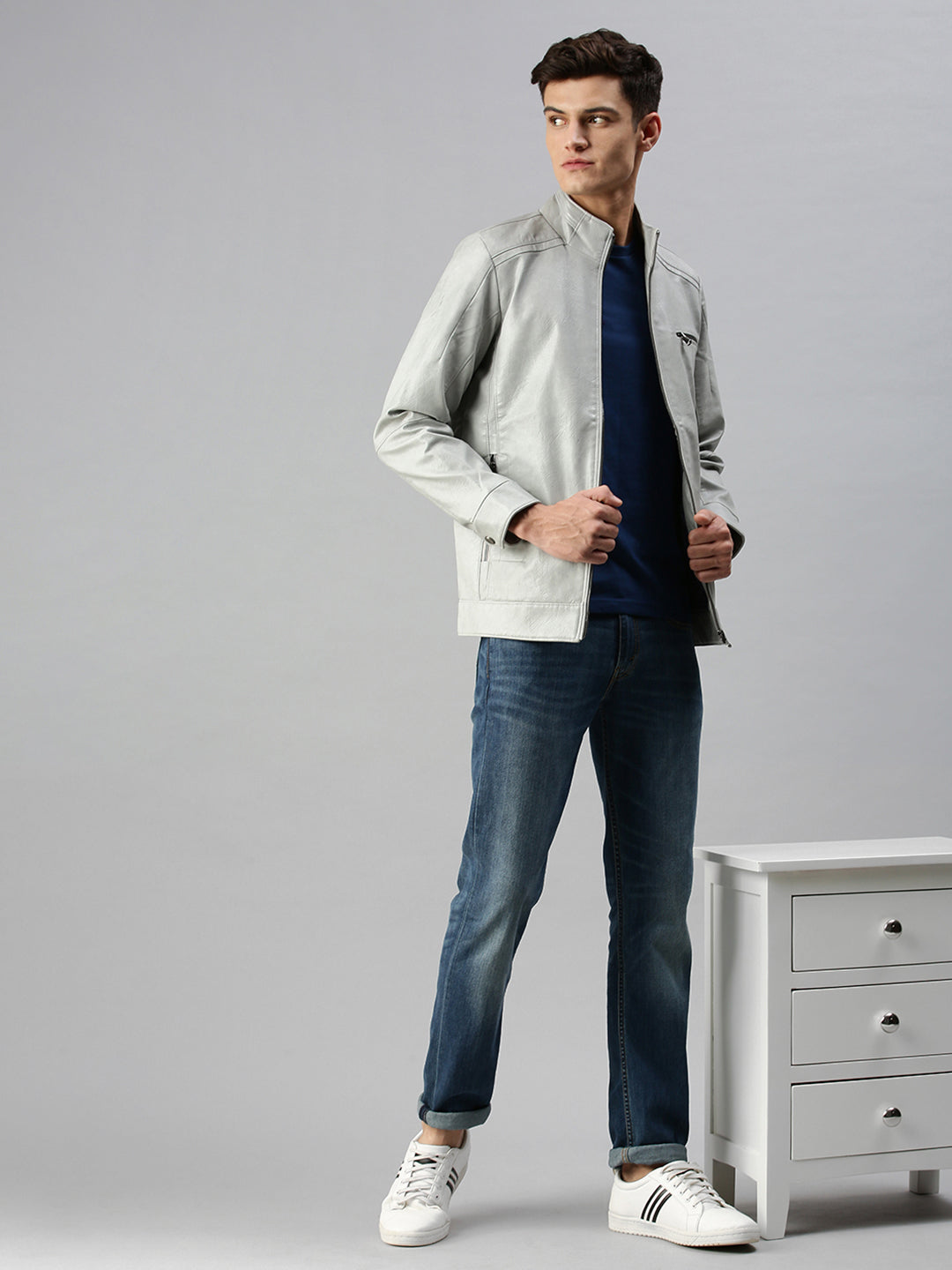 Men Solid Grey Jacket