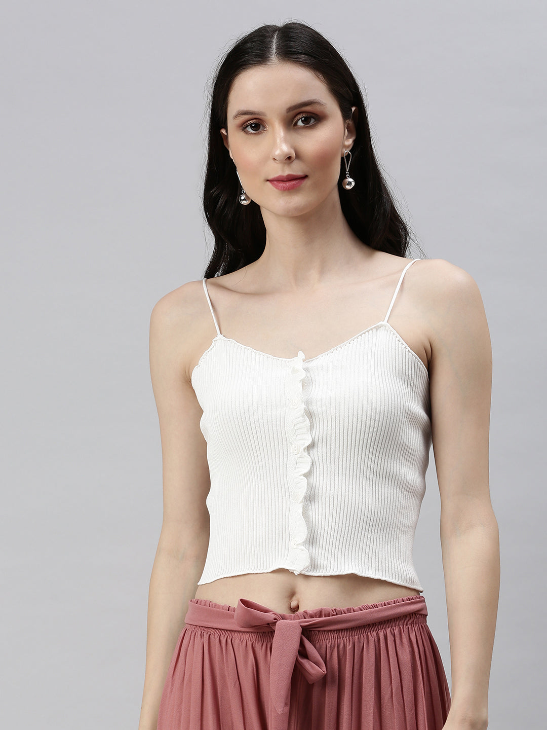 Women Shoulder Straps Solid White Fitted Top