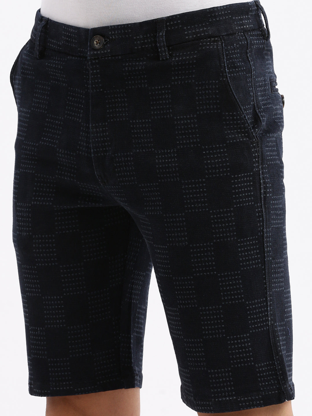 Men Geometric Navy Blue Denim Shorts