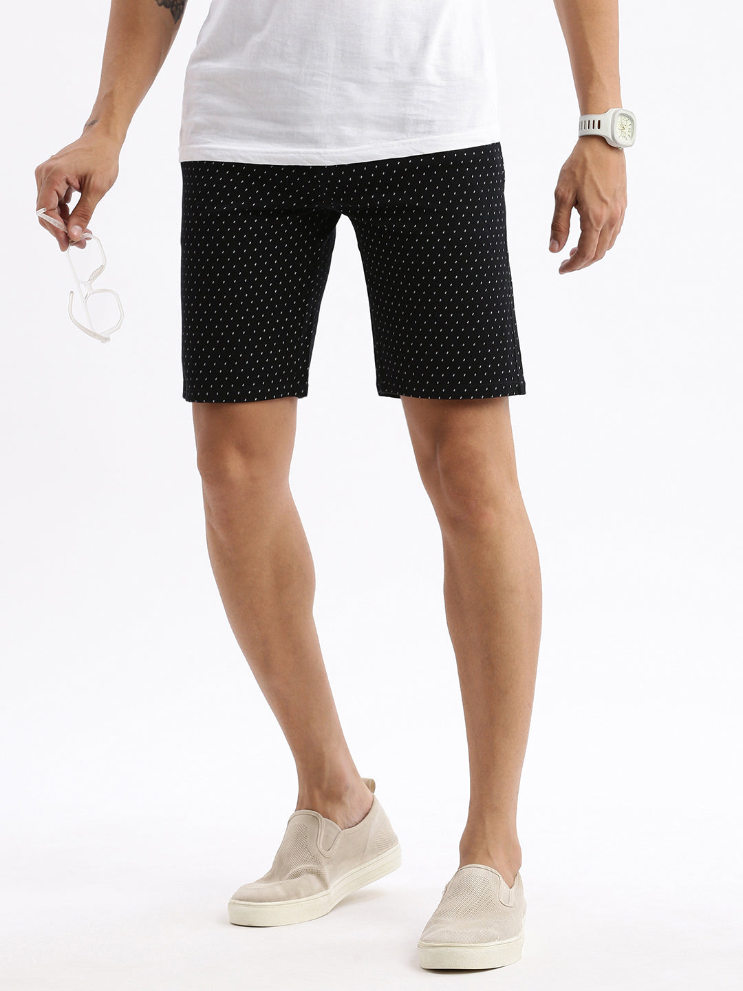 Men Geometric Black Cotton Shorts