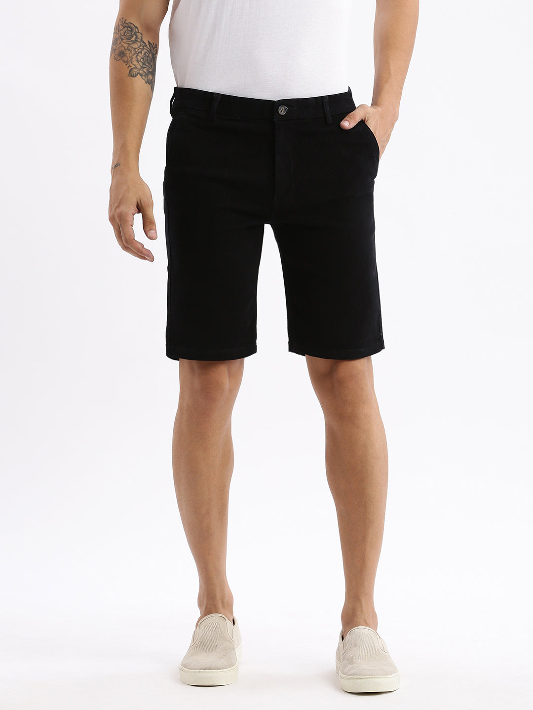 Men Solid Black Denim Shorts