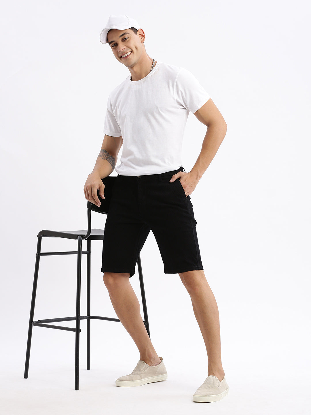 Men Geometric Black Cotton Shorts