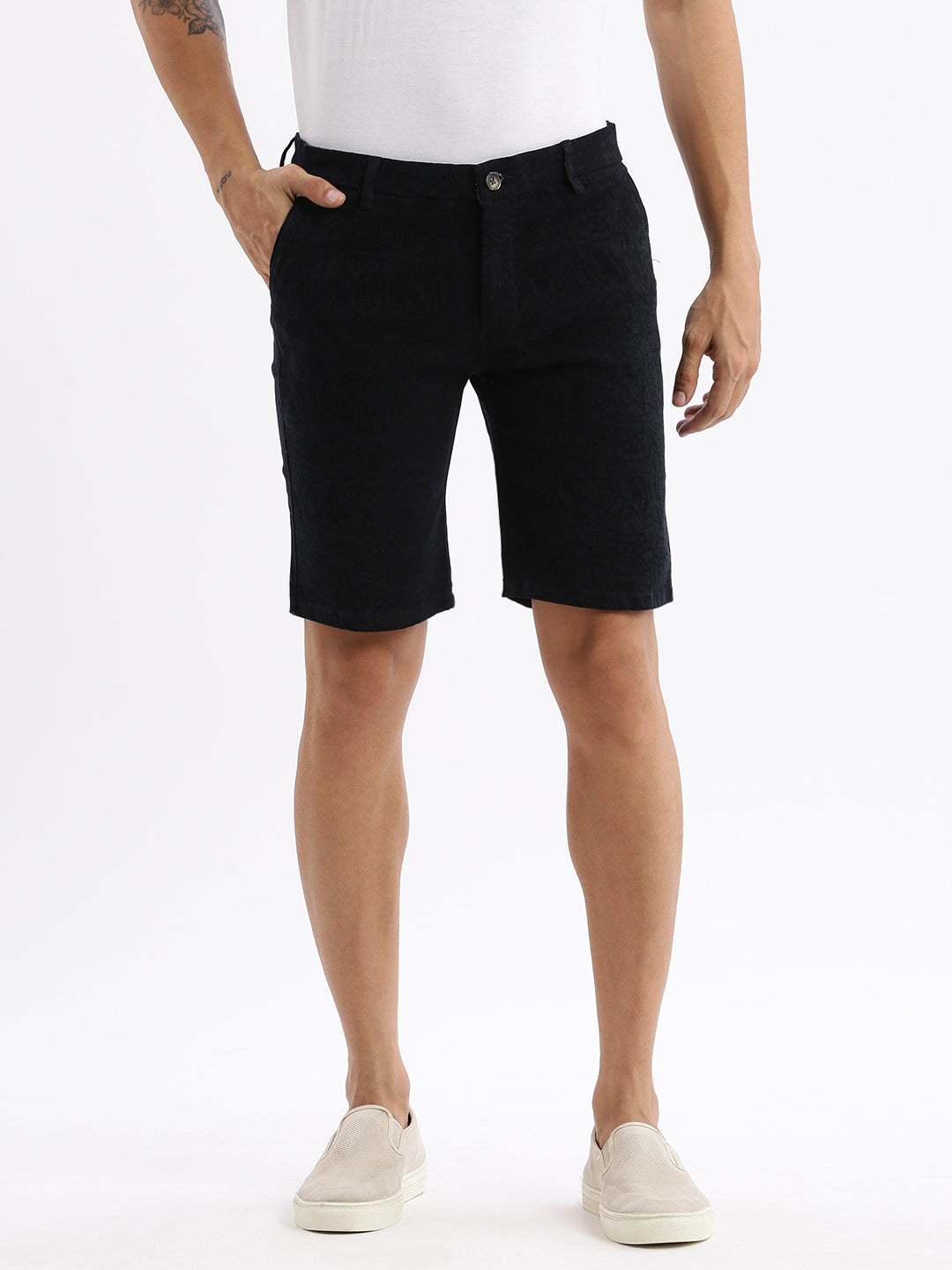 Men Solid Navy Blue Denim Shorts