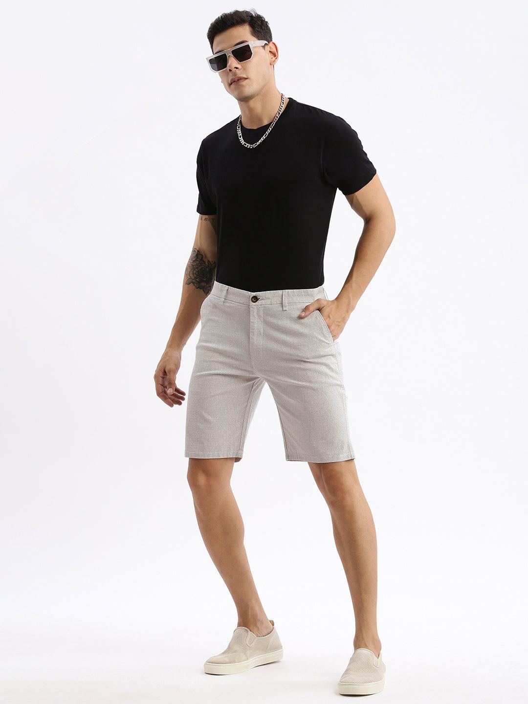 Men Abstract Grey Cotton Shorts