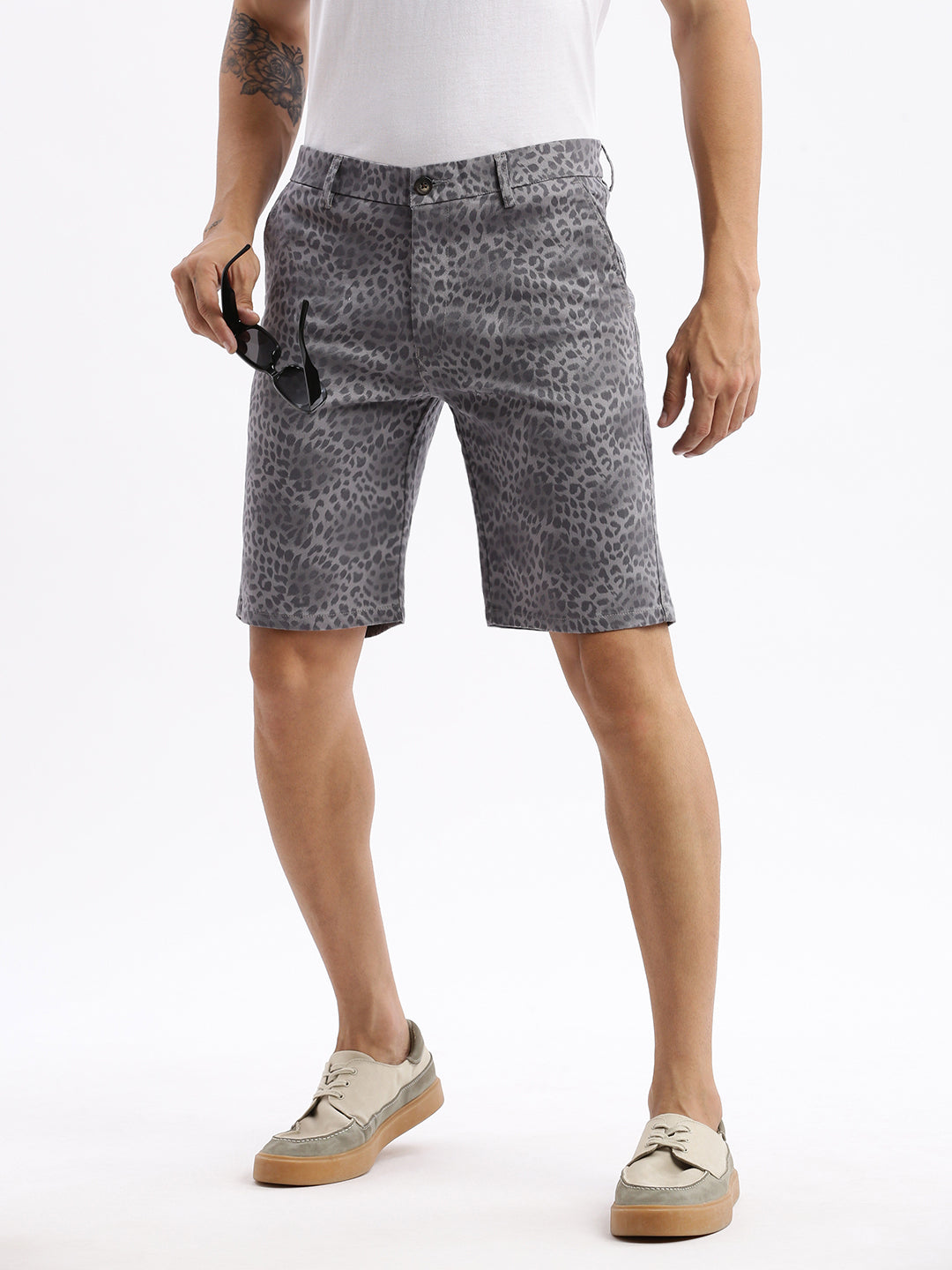 Men Animal Grey Cotton Shorts