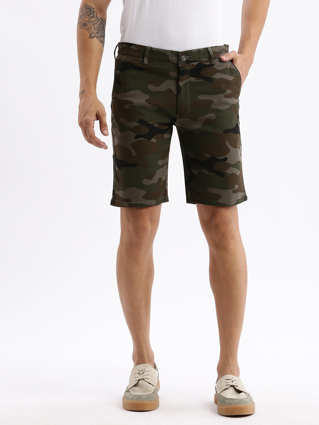 Men Camouflage Green Cotton Shorts