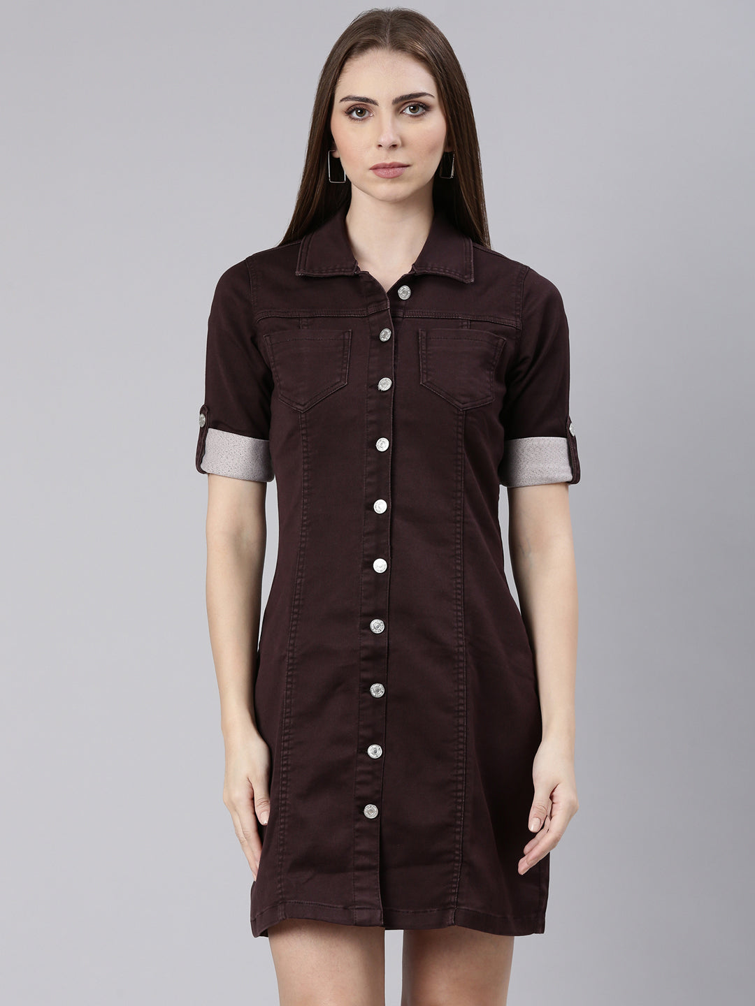 Women Violet Solid Shirt Dress