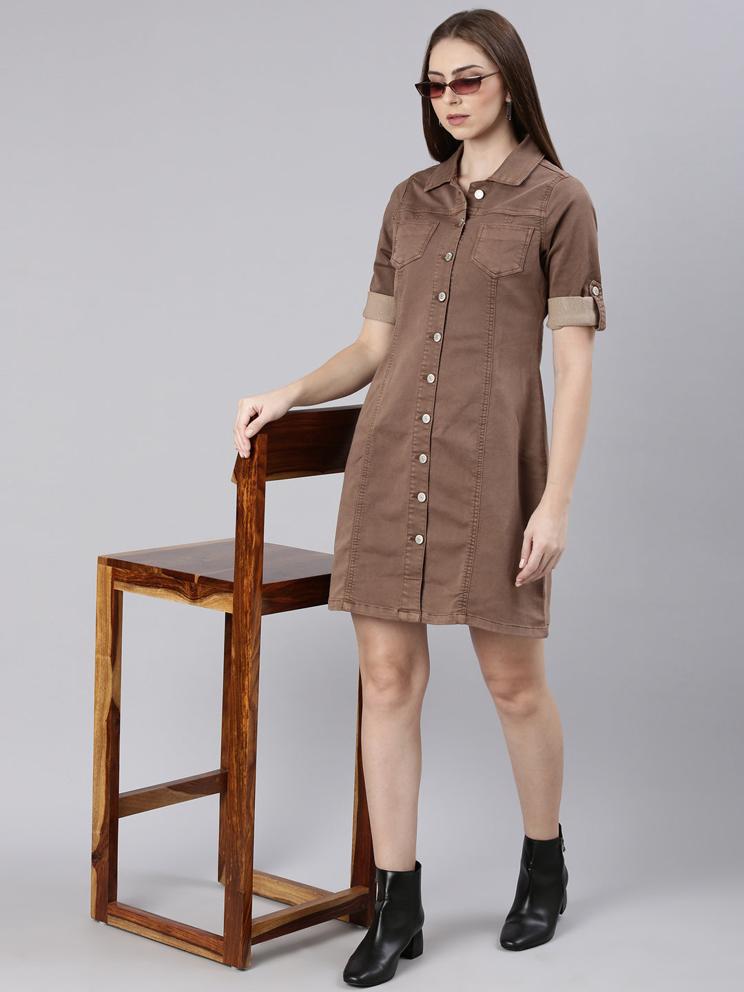 Women Brown Solid Shirt Dress