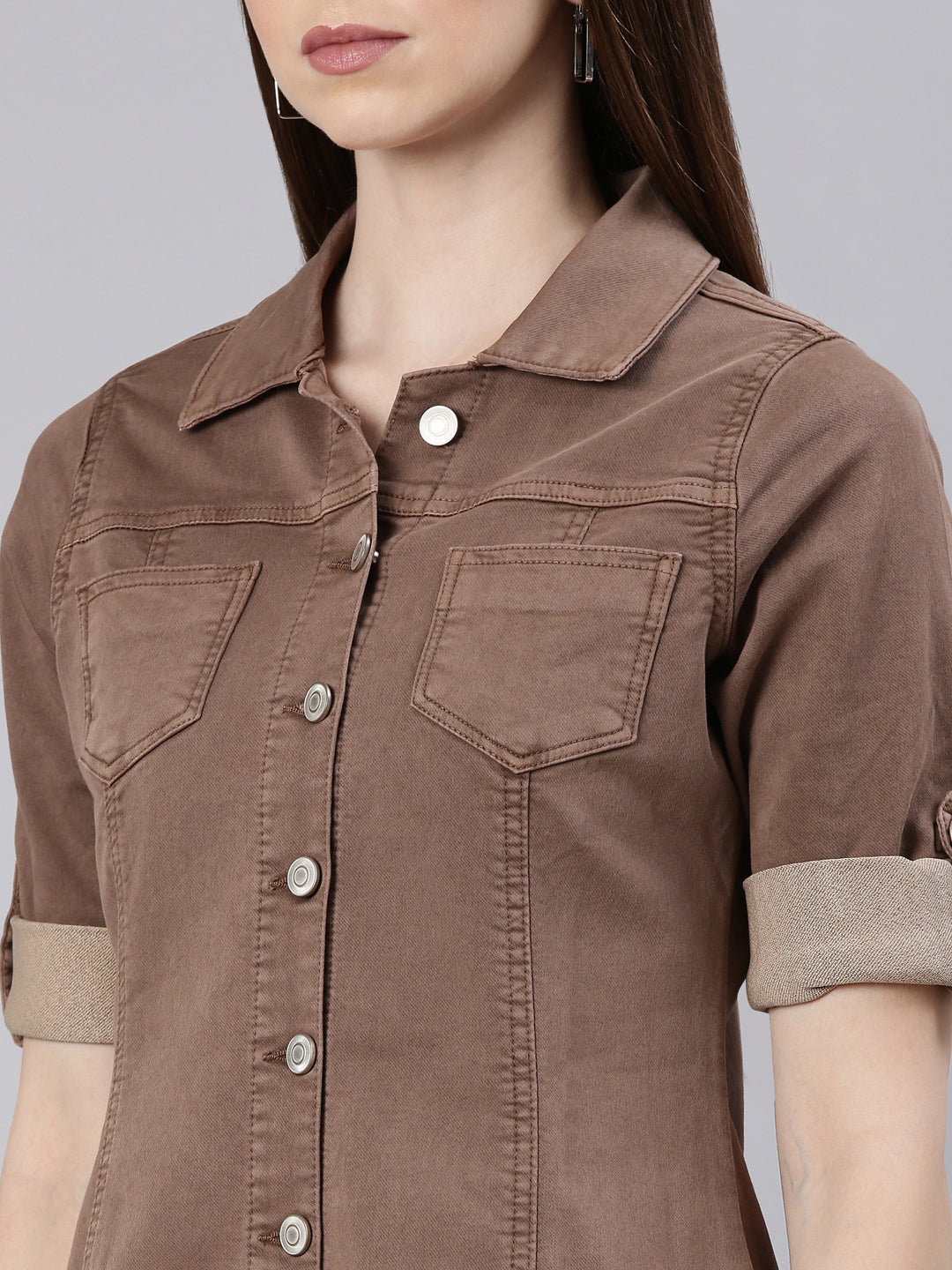 Women Brown Solid Shirt Dress