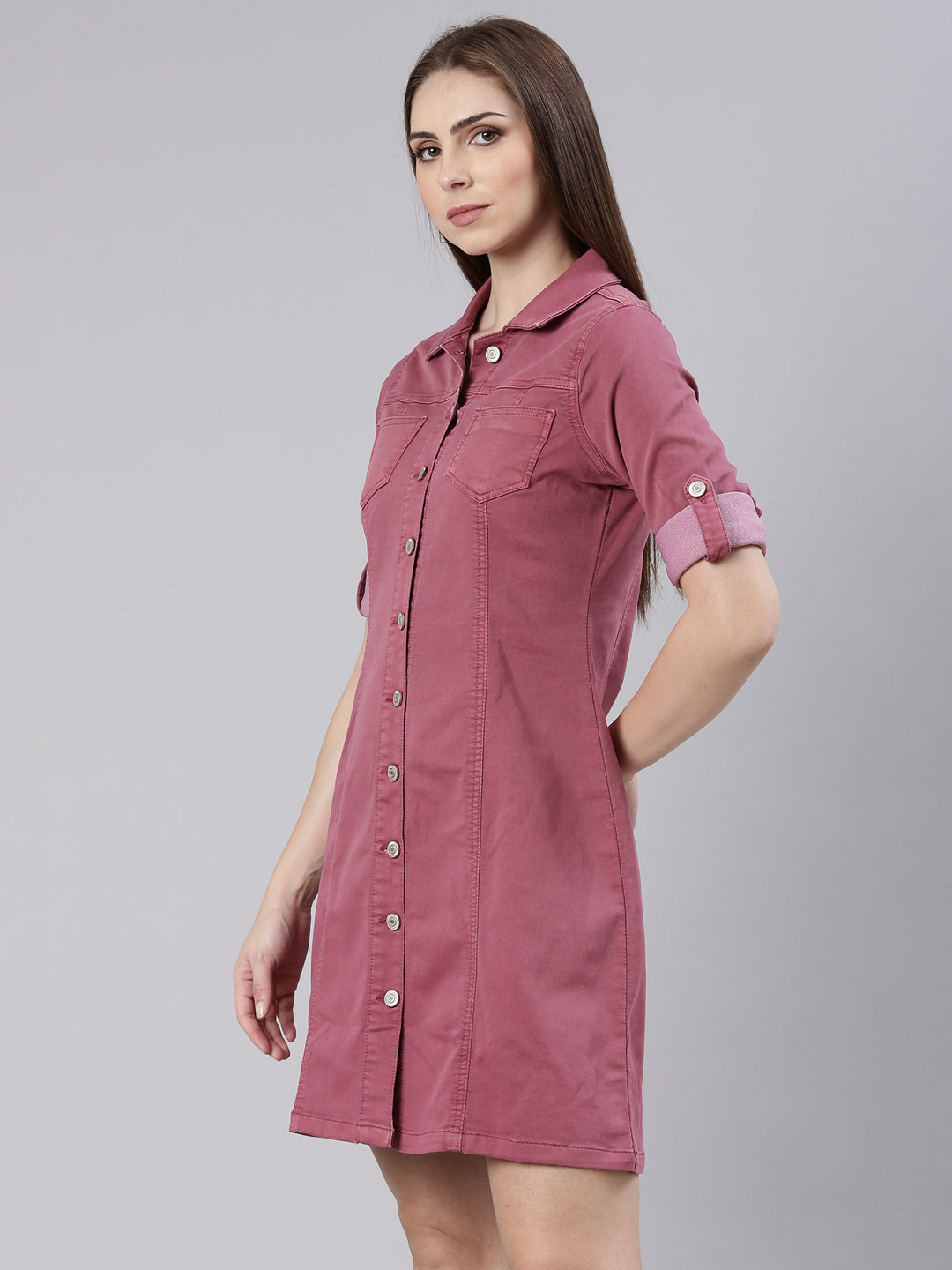 Women Mauve Solid Shirt Dress