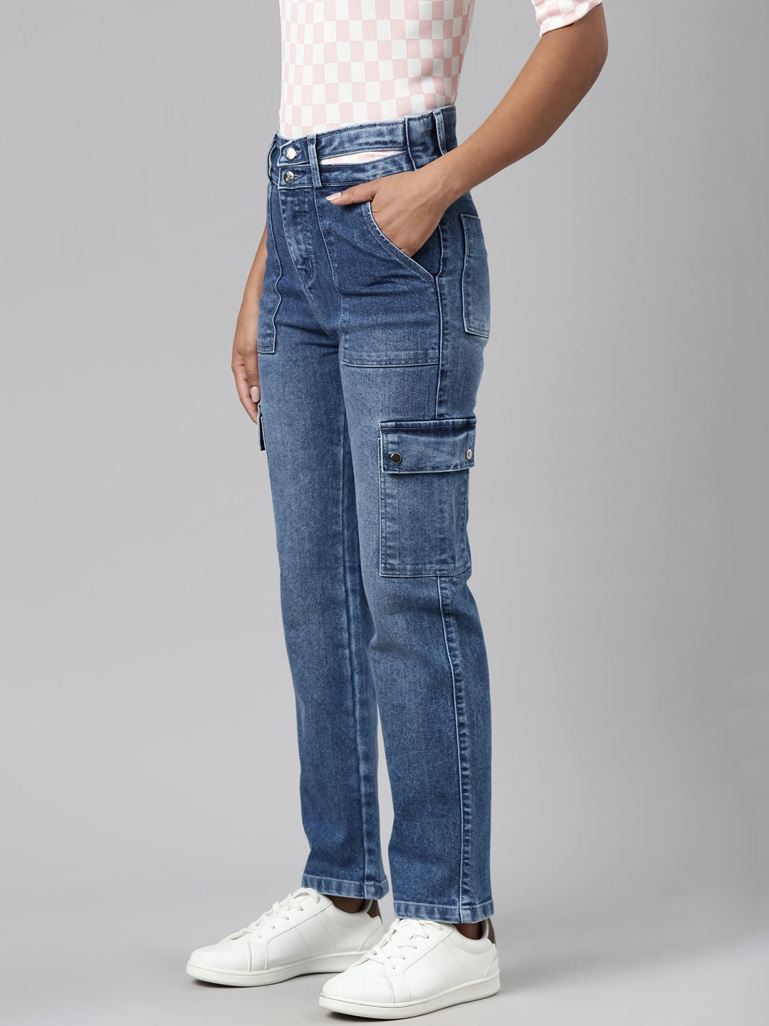 Women Blue Denim Cargo Jeans