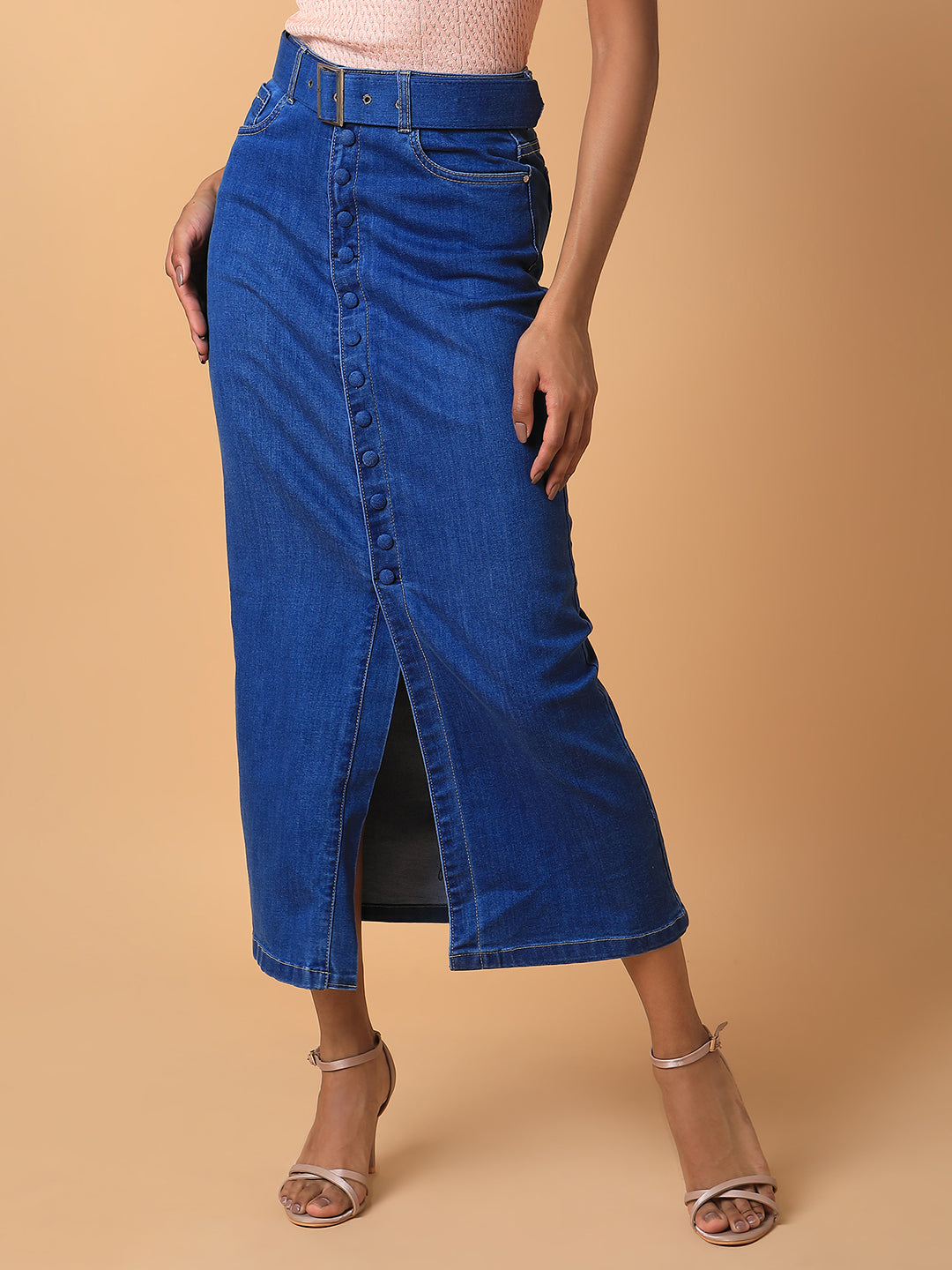 Women Solid Blue Straight Maxi Denim Skirt with Belt