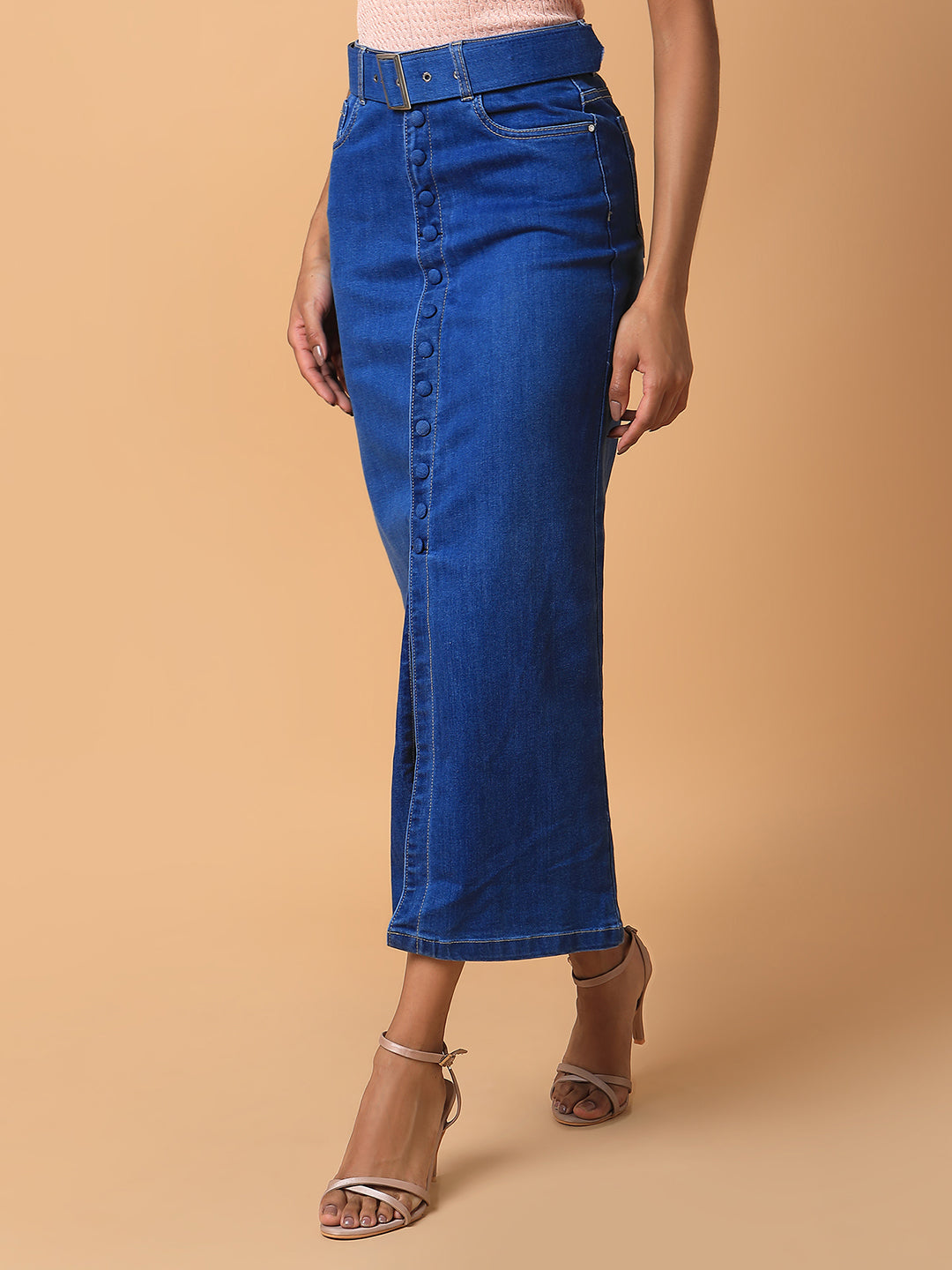 Women Solid Blue Straight Maxi Denim Skirt with Belt