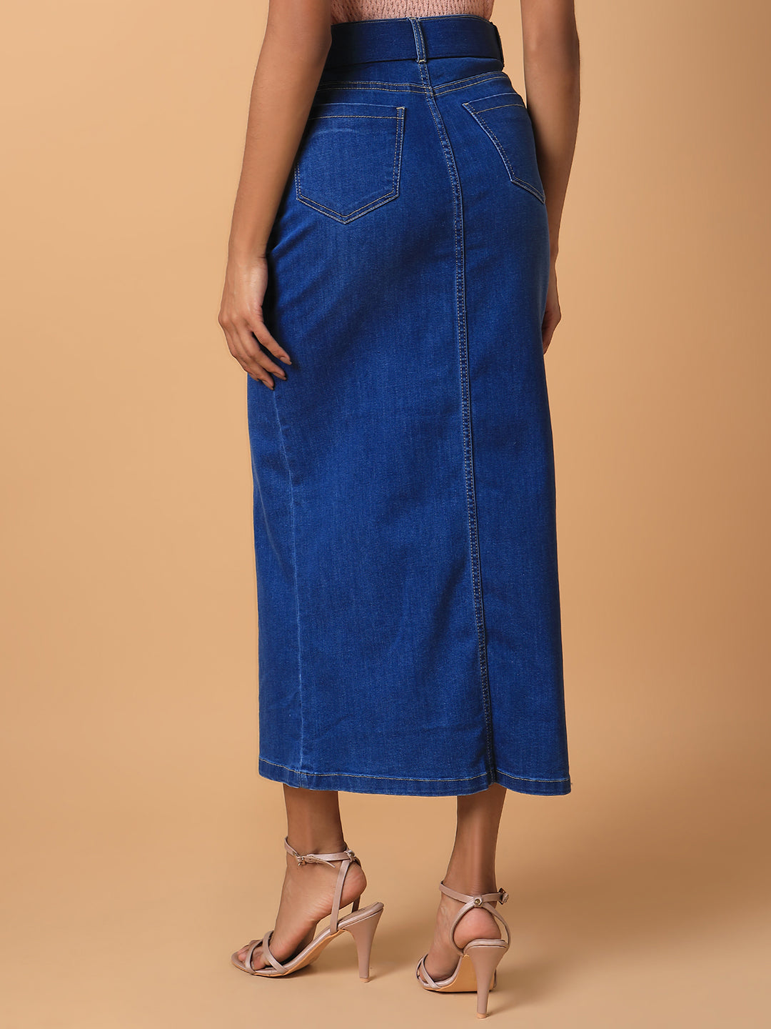 Women Solid Blue Straight Maxi Denim Skirt with Belt