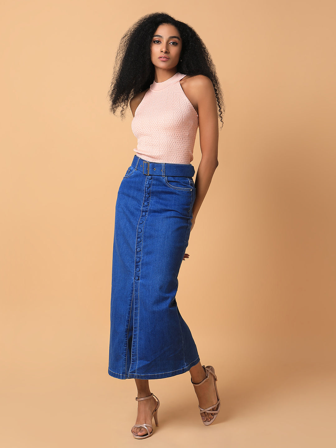 Women Solid Blue Straight Maxi Denim Skirt with Belt