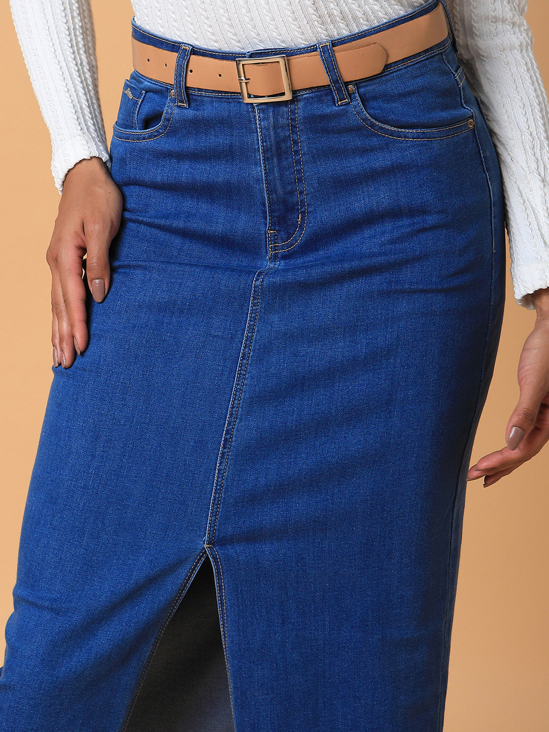 Women Solid Blue Straight Maxi Denim Skirt with Belt