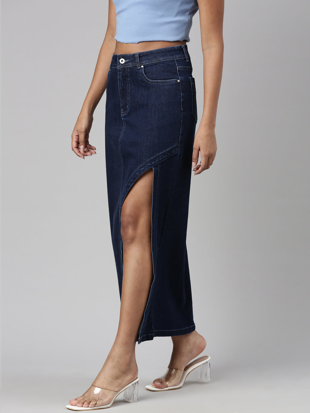 Women Solid Denim A Line Skirt