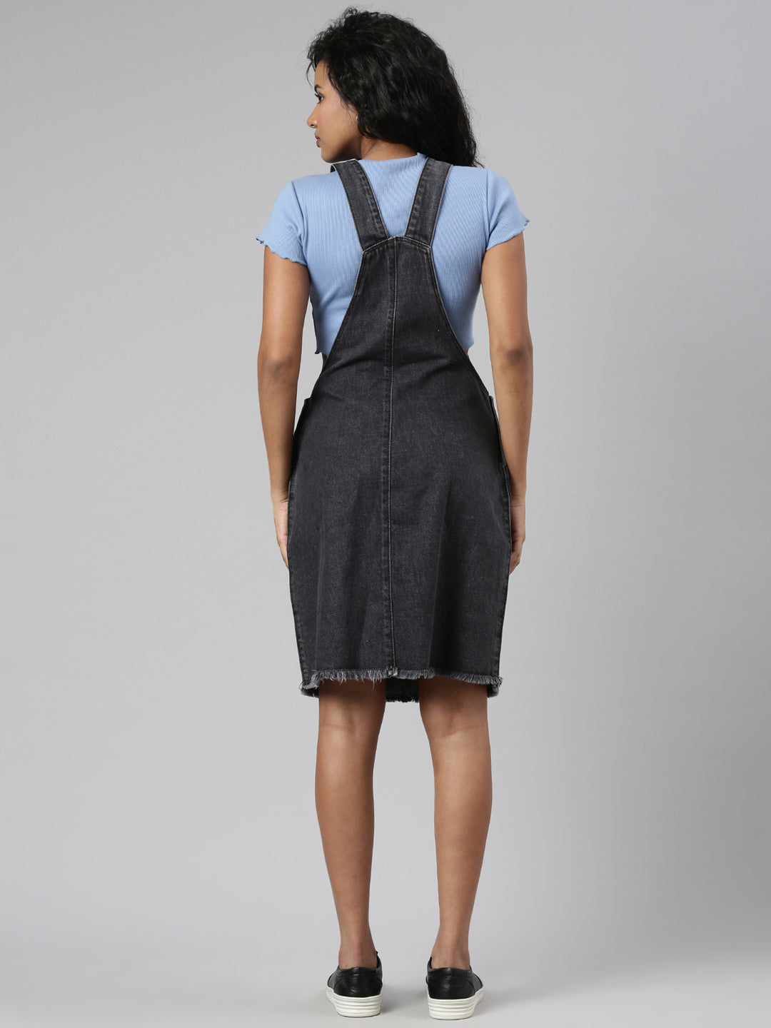 Women Denim Solid Grey Dungaree