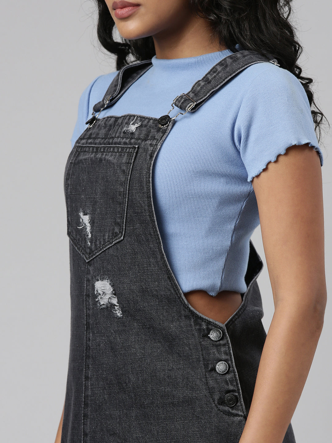 Women Denim Solid Grey Dungaree