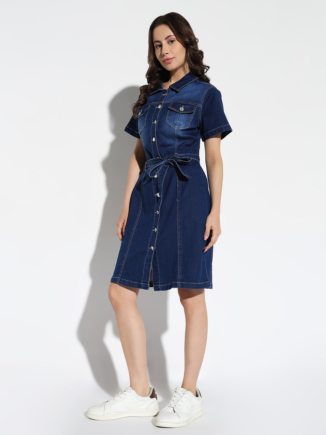 Women Solid Blue Shirt Dress with Belt