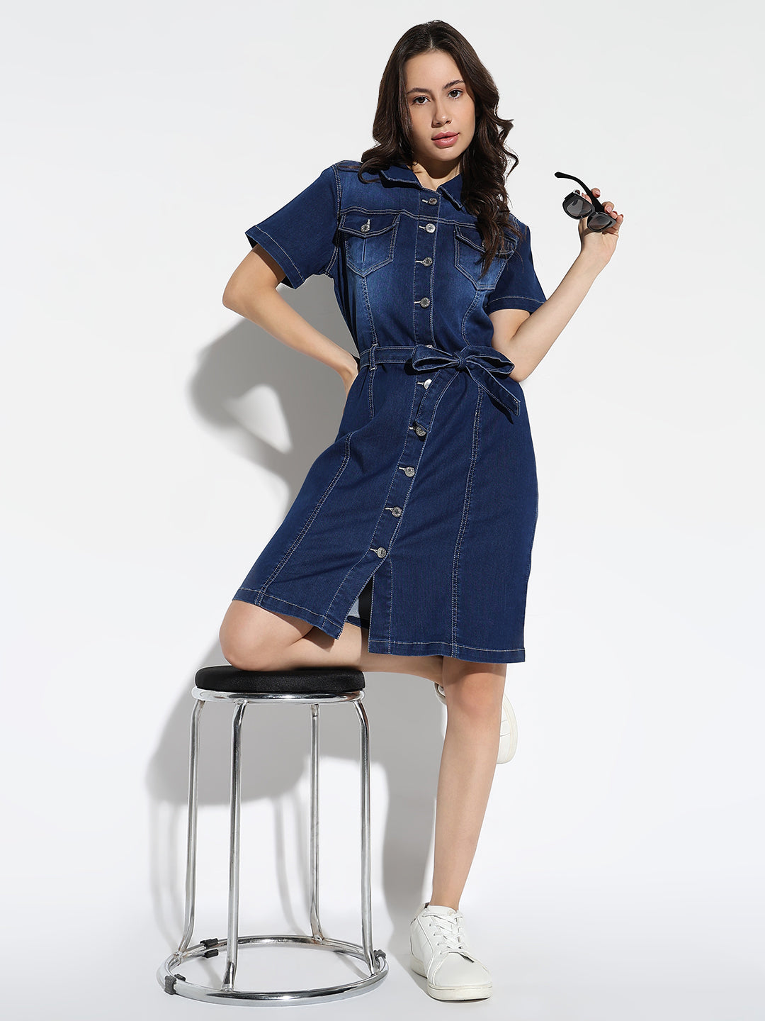 Women Solid Blue Shirt Dress with Belt