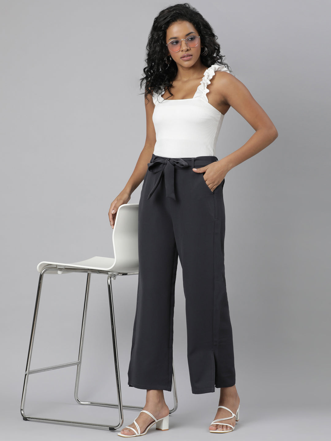 Women Grey Solid Parallel Trousers