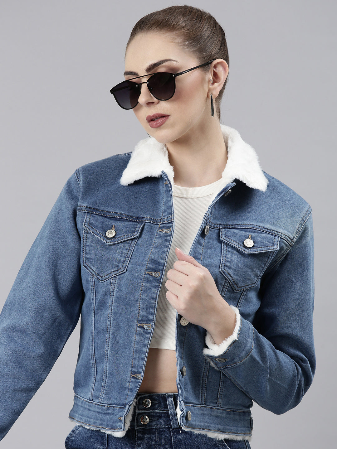 Women Blue Solid Denim Jacket