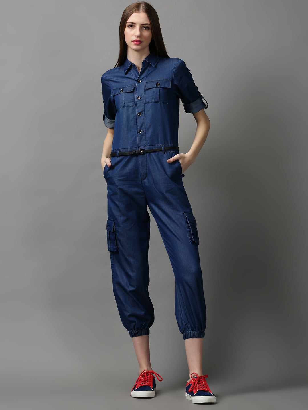 Women Shirt Collar Solid Navy Blue Basic Jumpsuit