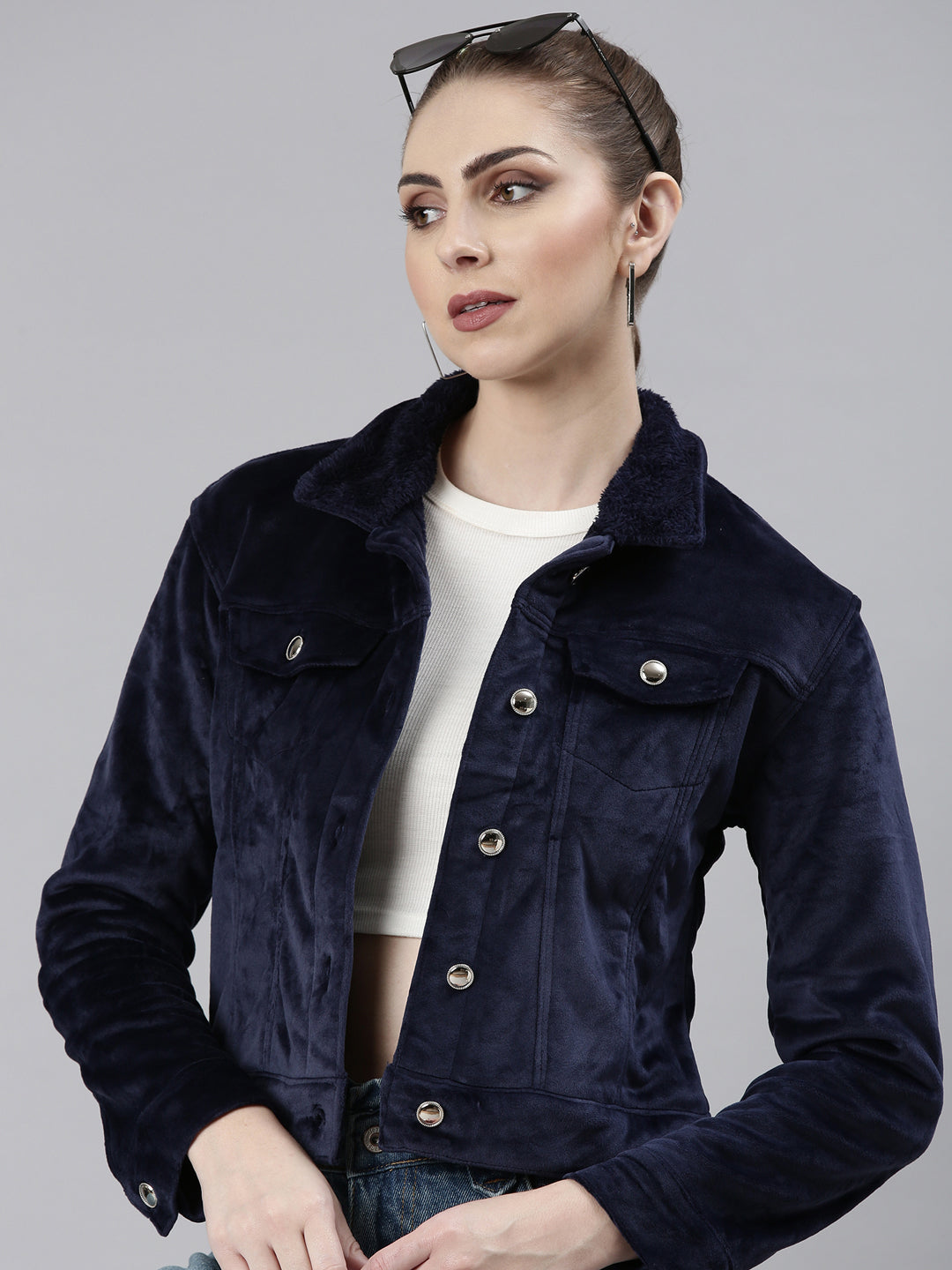 Women Navy Blue Solid Tailored Jacket
