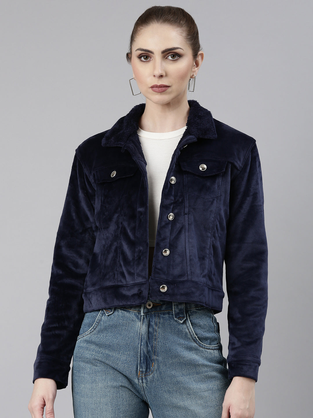 Women Navy Blue Solid Tailored Jacket
