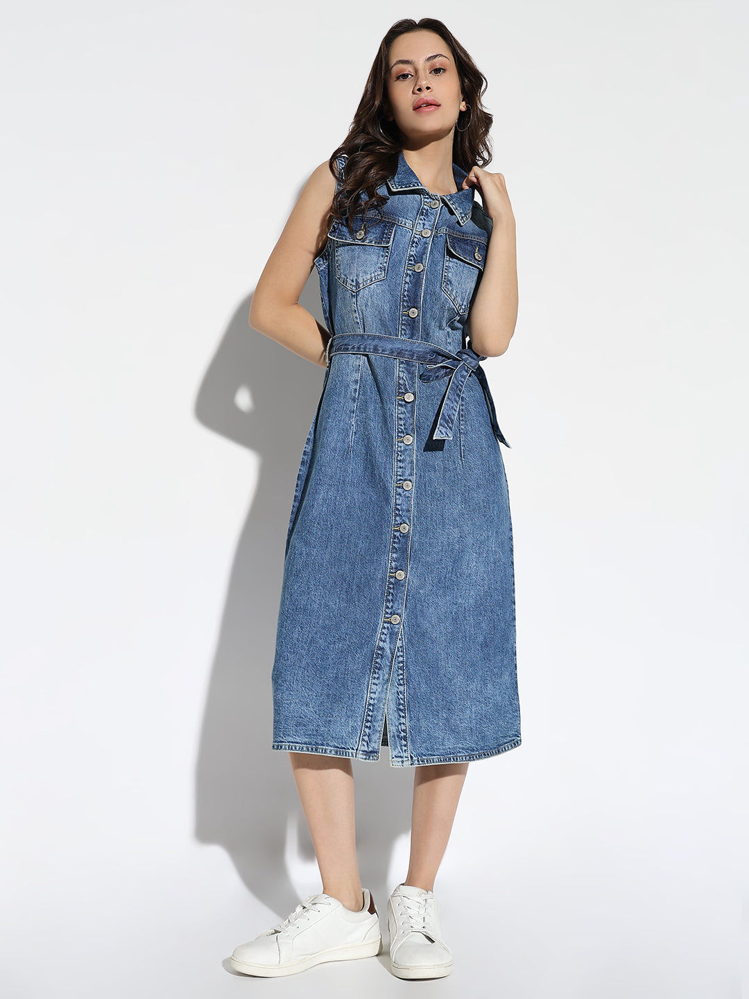 Women Solid Blue Shirt Dress with Belt