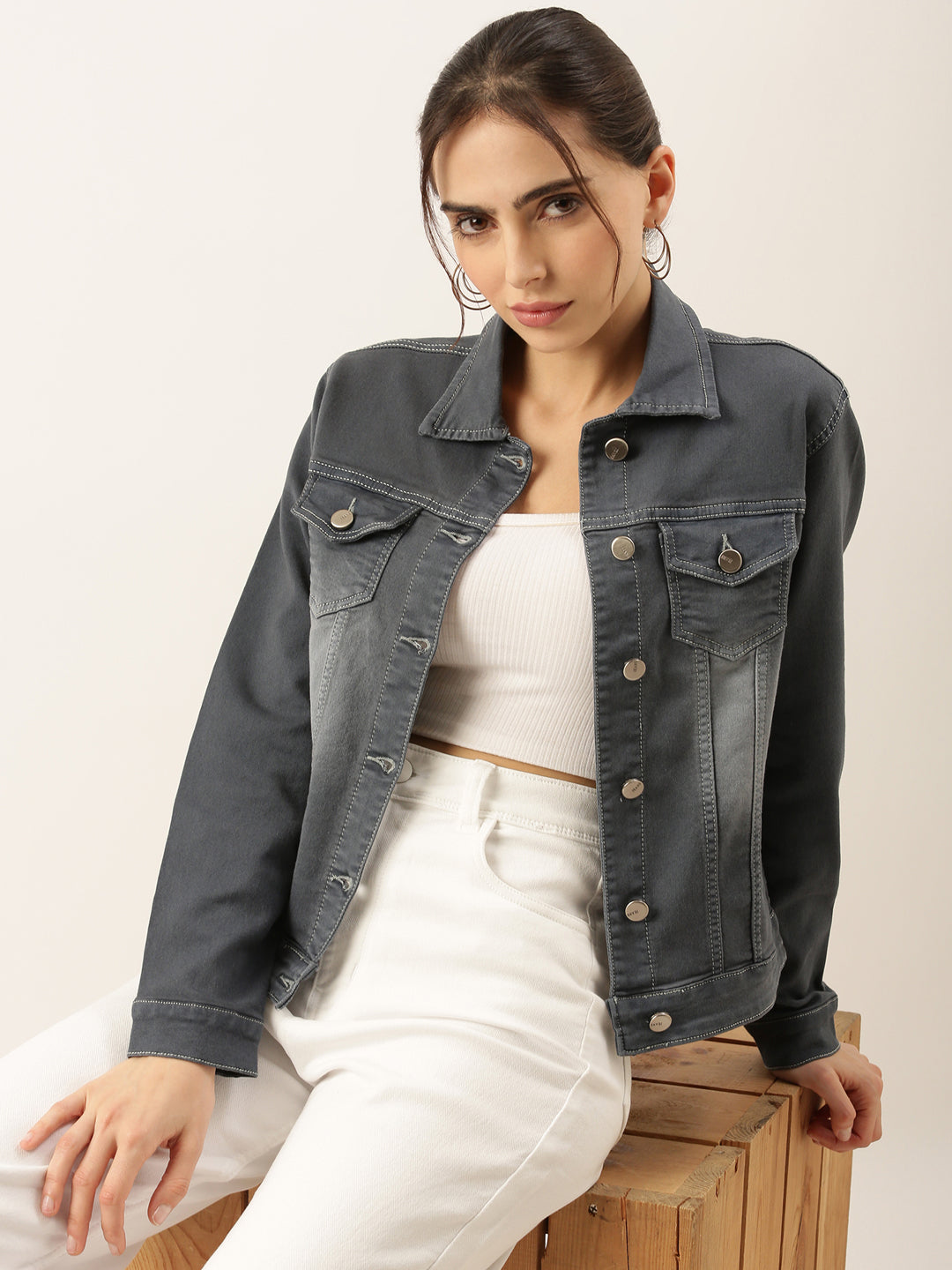 Women Solid Grey Denim Jacket