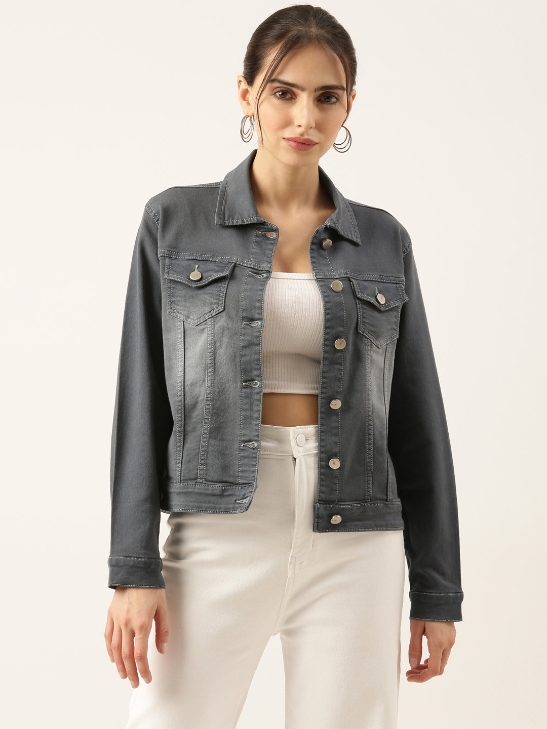 Women Solid Grey Denim Jacket