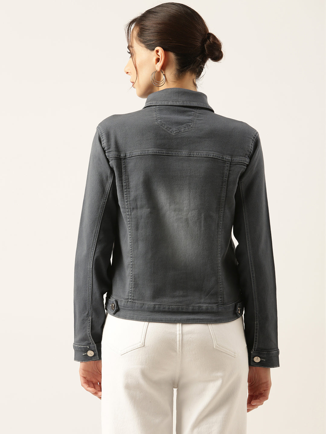 Women Solid Grey Denim Jacket