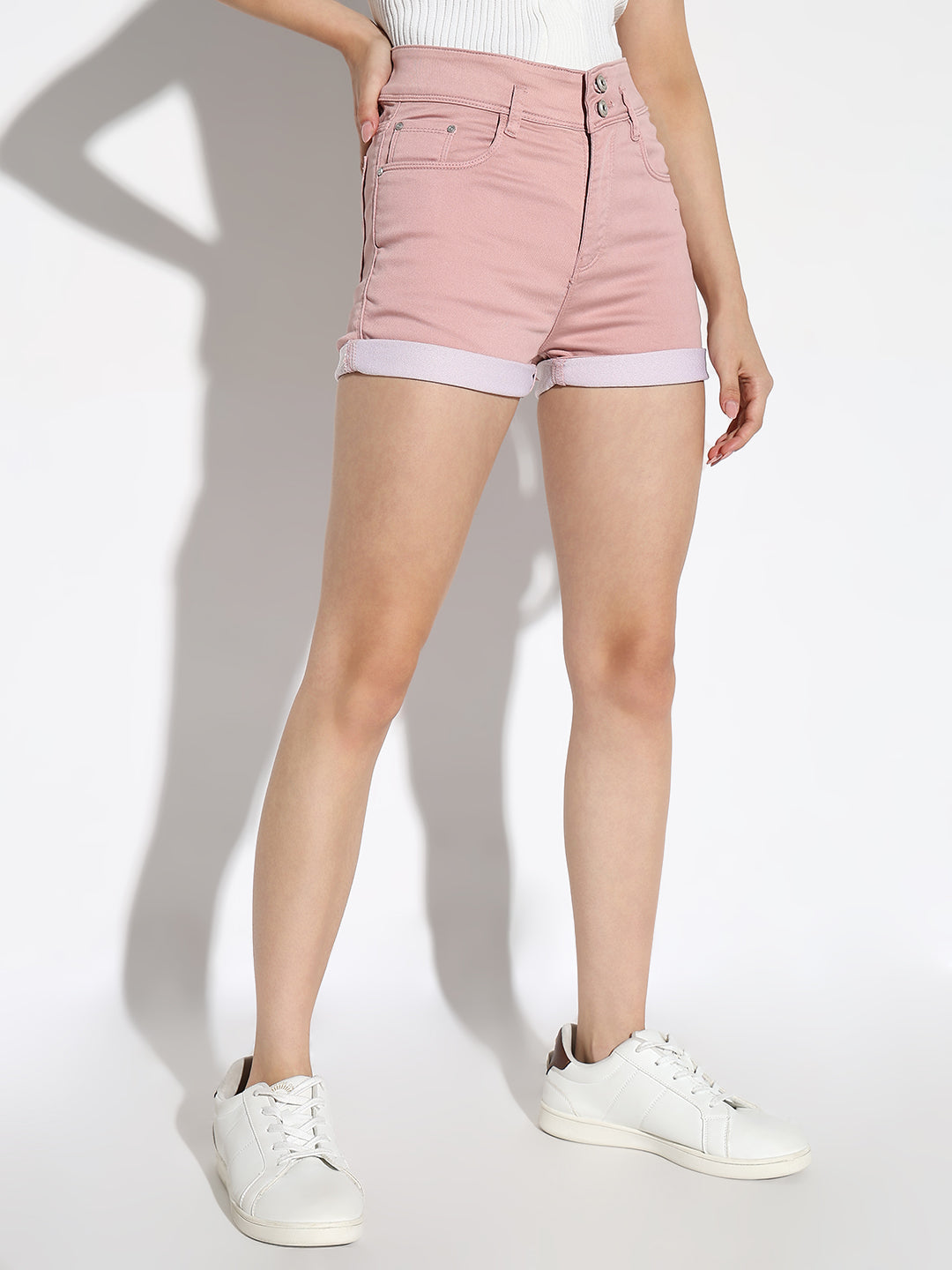 Women Solid Pink Denim Shorts