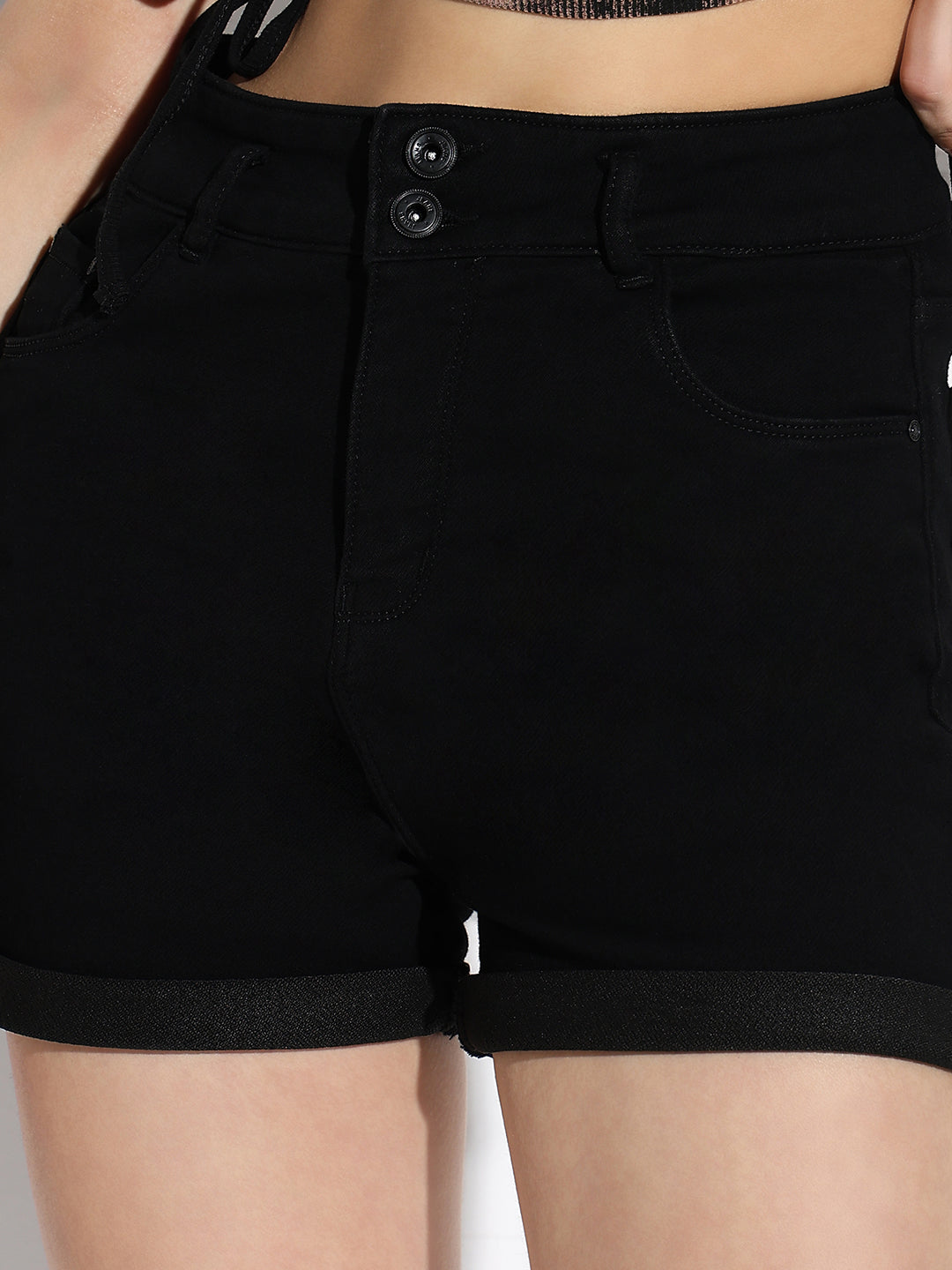 Women Solid Black Denim Shorts