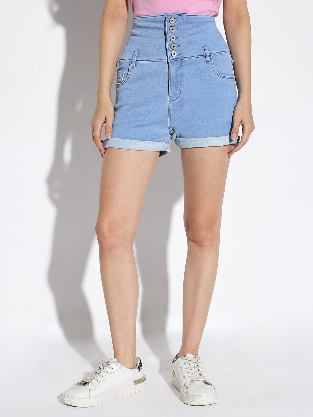 Women Solid Blue Denim Shorts