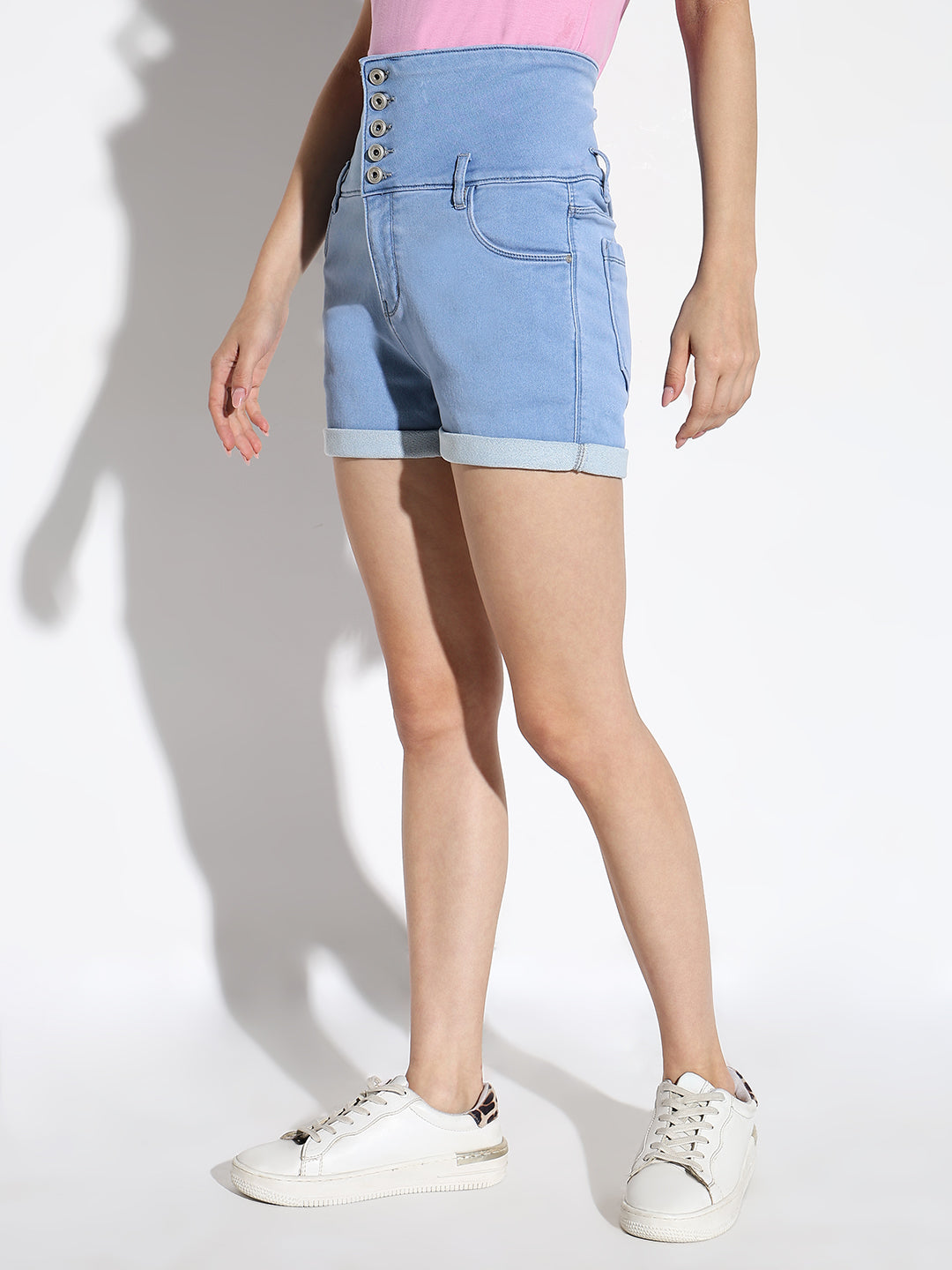 Women Solid Blue Denim Shorts