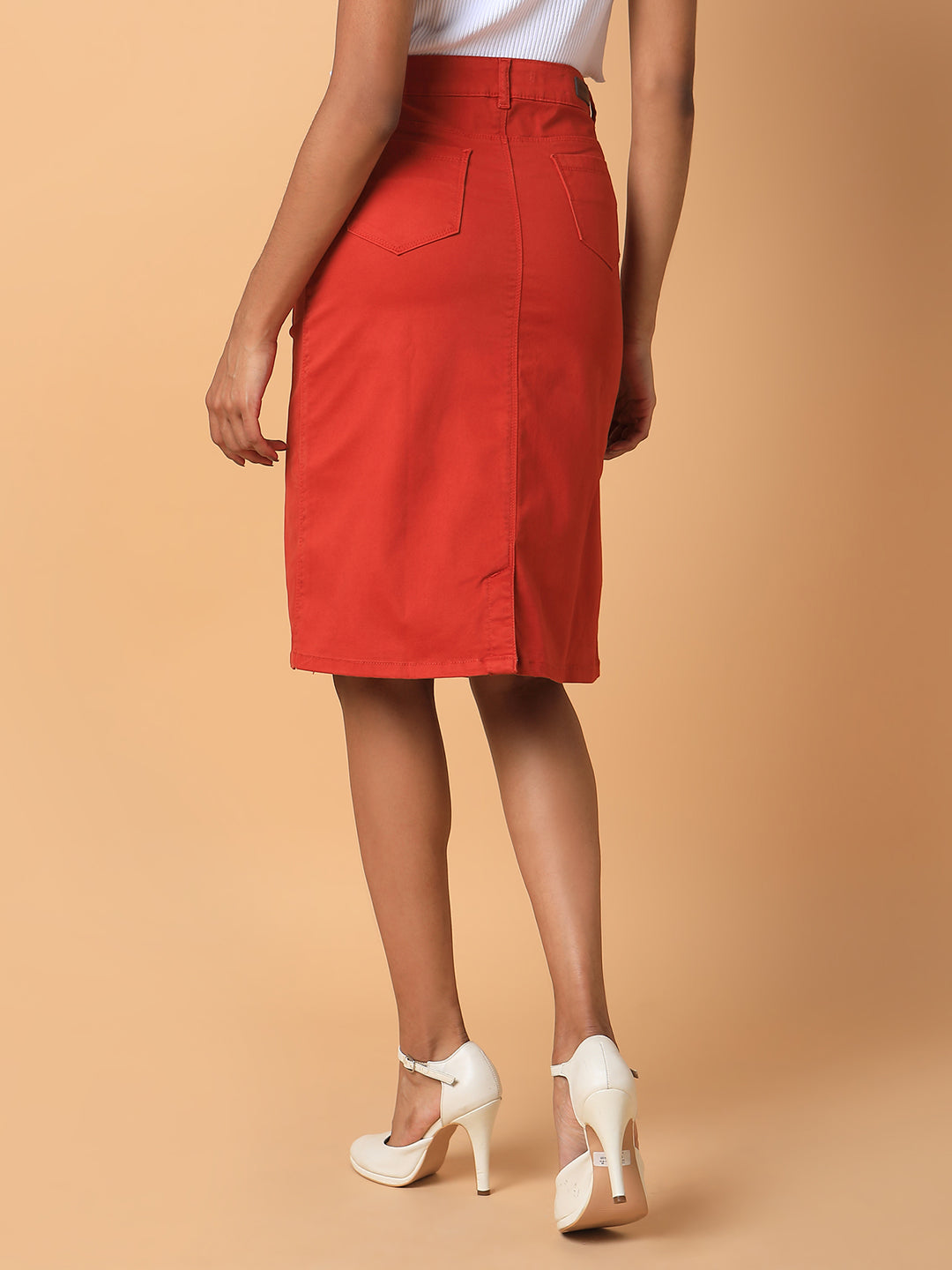 Women Solid Rust Pencil Skirt