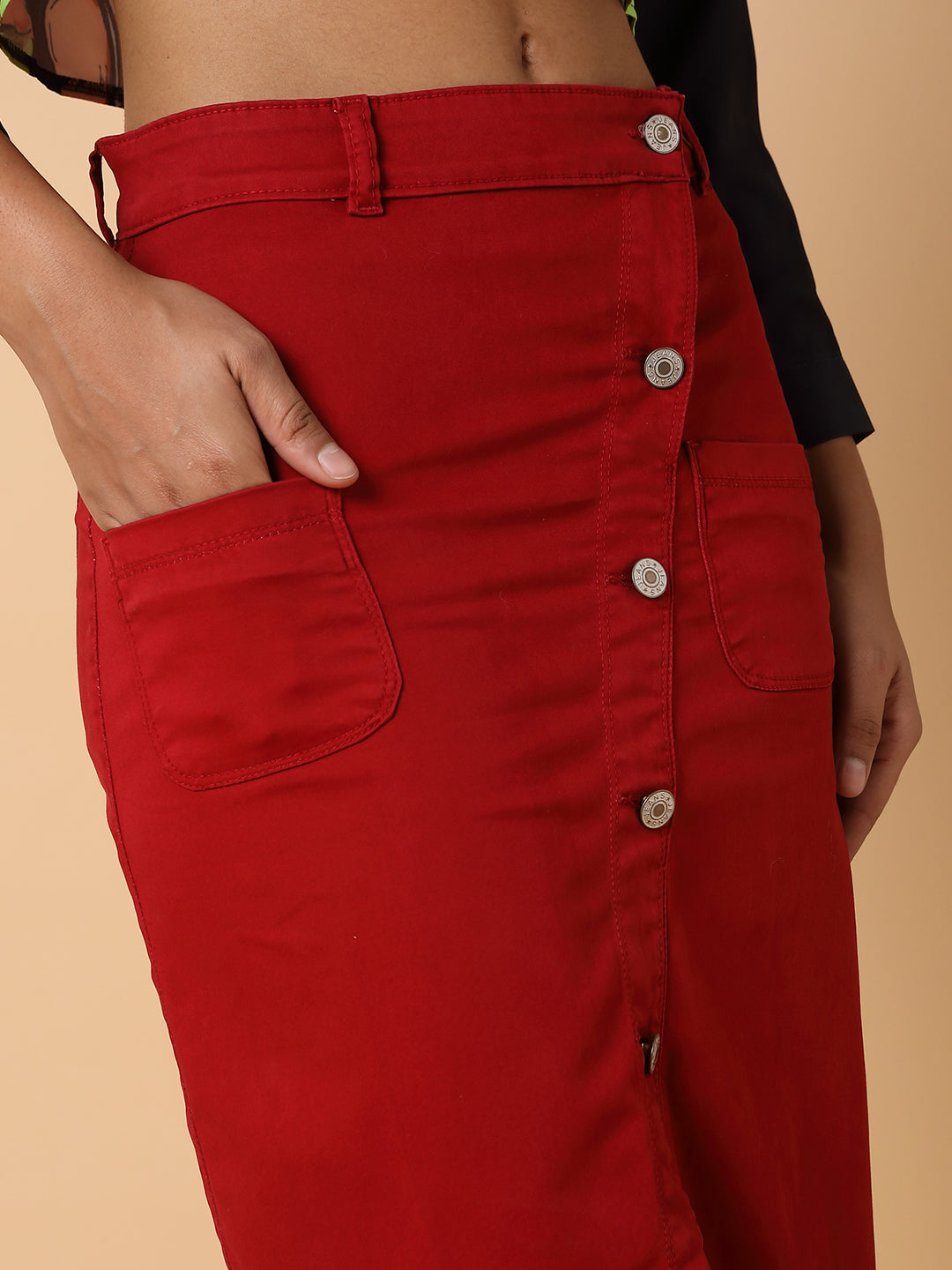 Women Solid Red Pencil Skirt