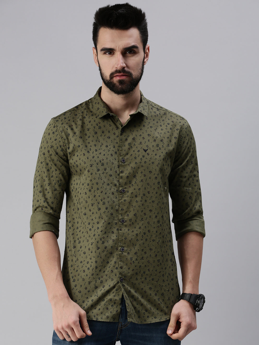 Men Spread Collar Printed Olive Shirt