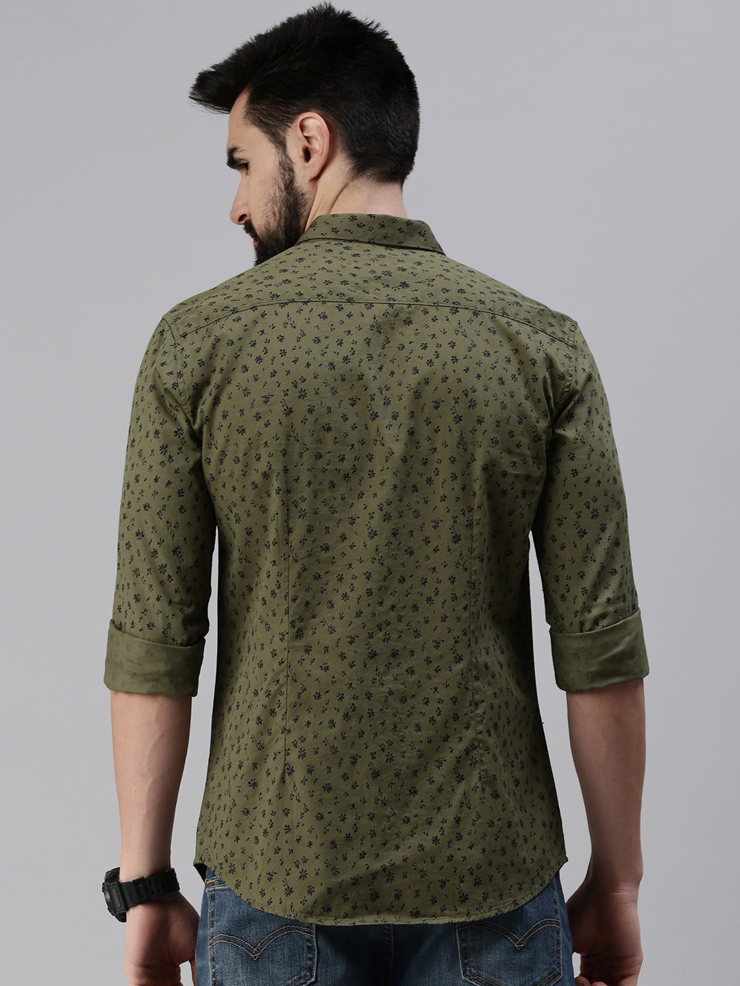 Men Spread Collar Printed Olive Shirt