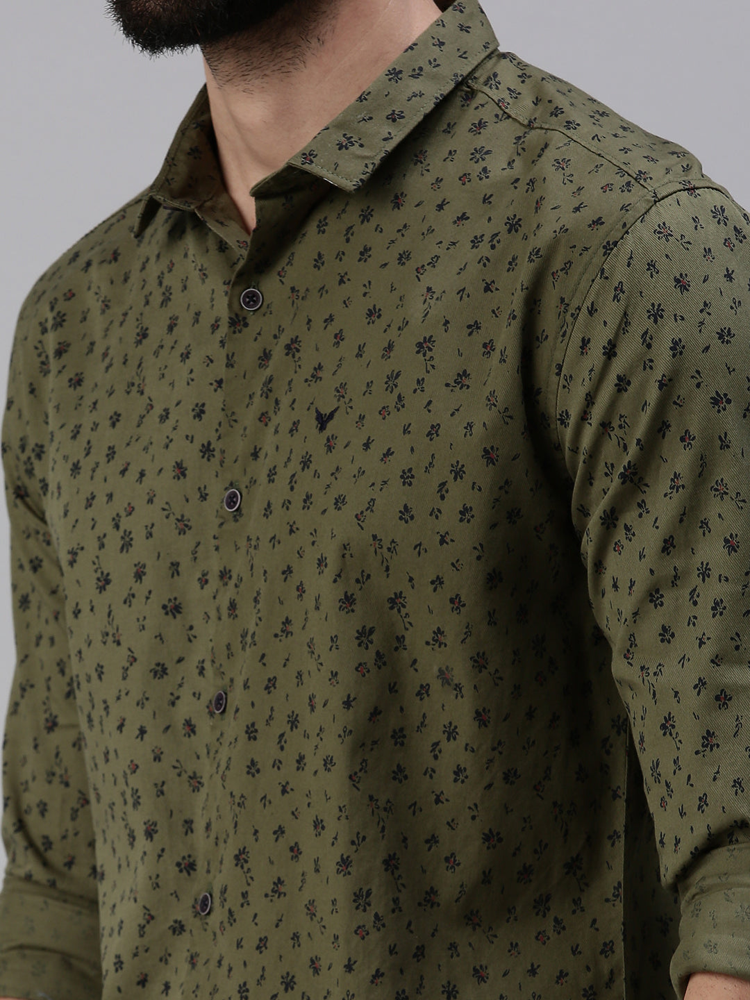 Men Spread Collar Printed Olive Shirt